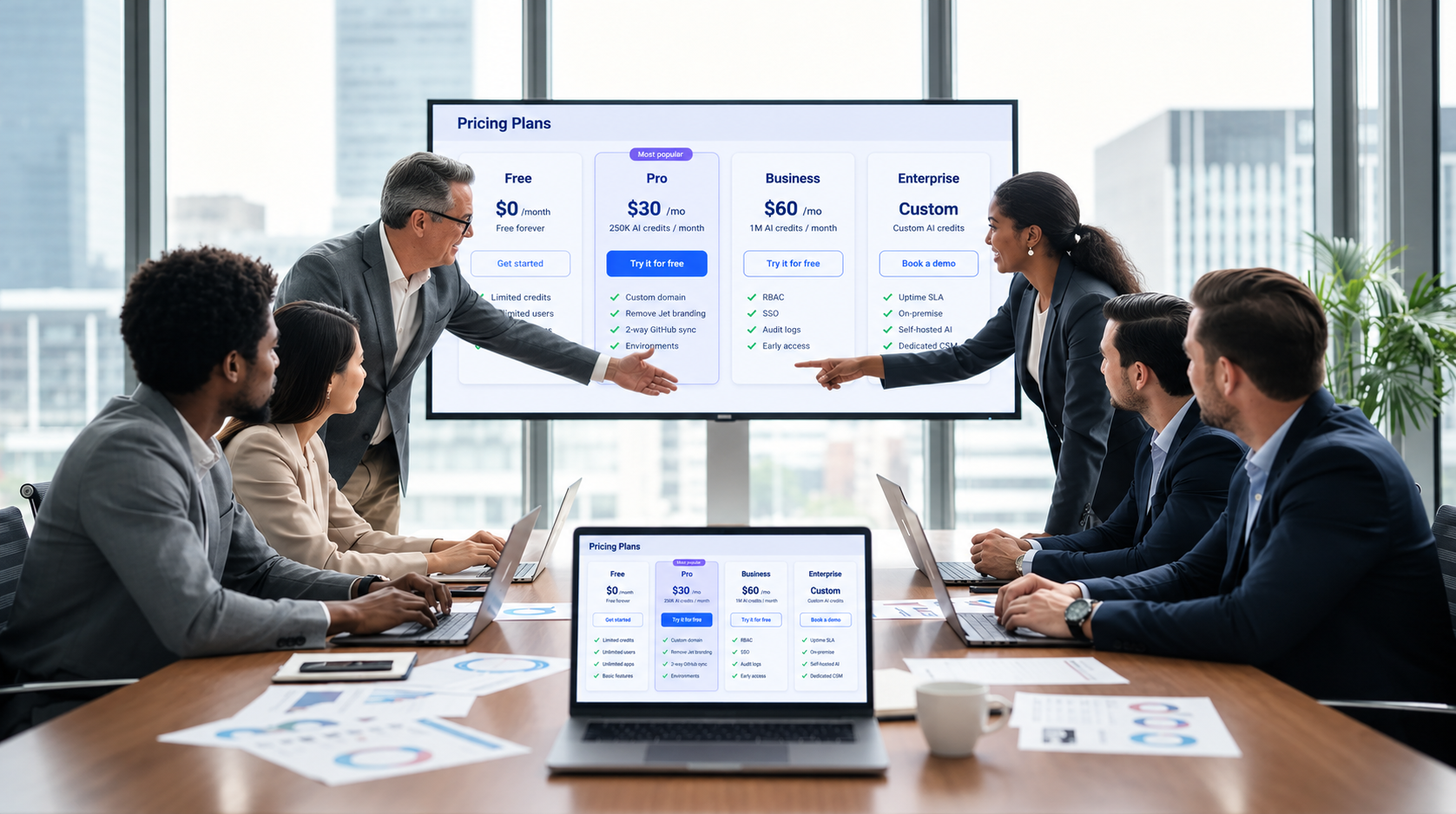A team of professionals is gathered around a conference table, actively reviewing various charts and dashboards that display metrics related to workload units and app performance. The atmosphere reflects a collaborative effort to analyze data and discuss strategies for optimizing their current plans and features in their mobile and web apps.