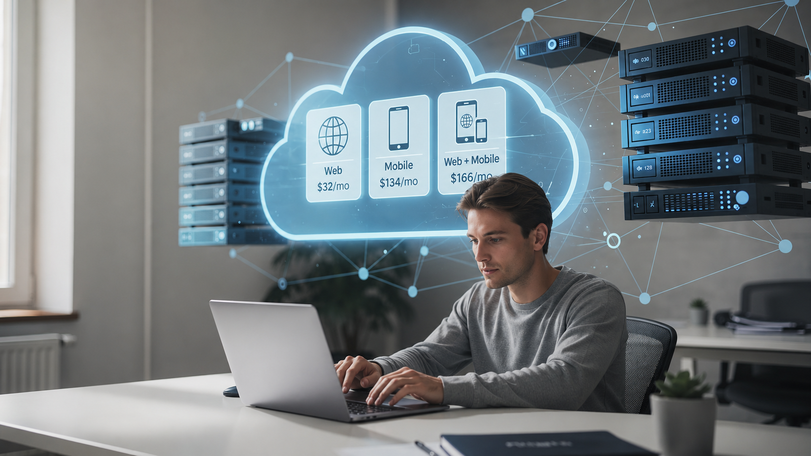 A person is sitting at a desk, focused on working on a laptop, with abstract cloud and server icons floating in the background, symbolizing web apps and mobile app development. This scene represents the flexibility and advanced features of various bubble plans, highlighting the importance of workload units and team collaboration in app creation.