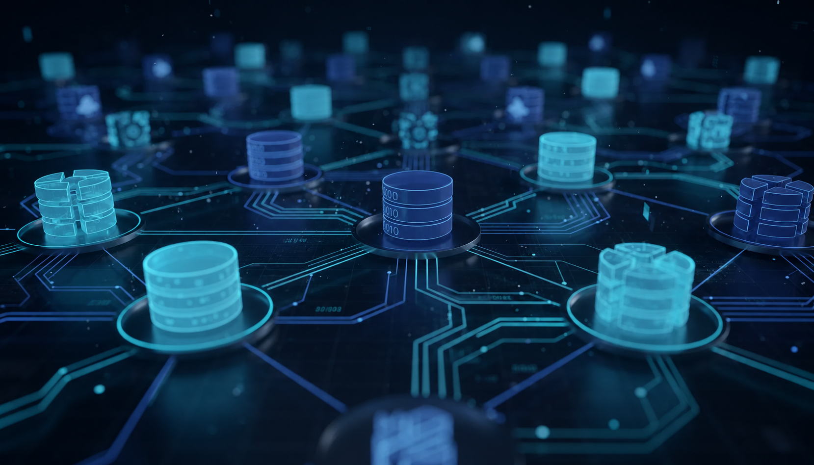 The image depicts a network of interconnected data sources and databases, represented as nodes, illustrating the complexity of workload units and app plans in a digital ecosystem. This visual emphasizes the relationship between various components, highlighting the importance of team collaboration and the flexibility of bubble pricing models in managing data effectively.