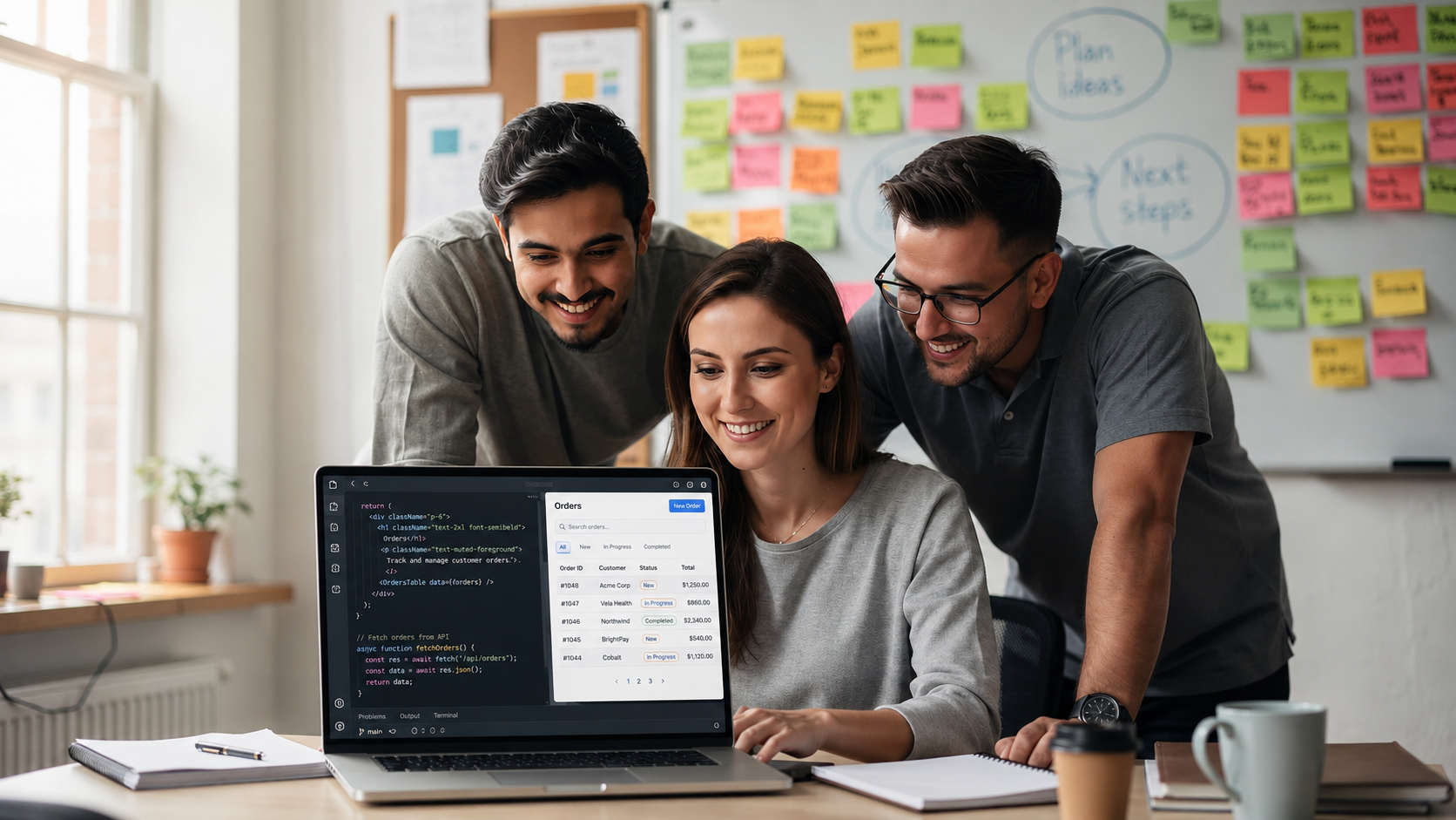 A small team of three people collaborates around a laptop in a casual office, with a whiteboard filled with sticky notes behind them. They are likely discussing the development of complex apps using an AI powered platform for rapid prototyping and app development.