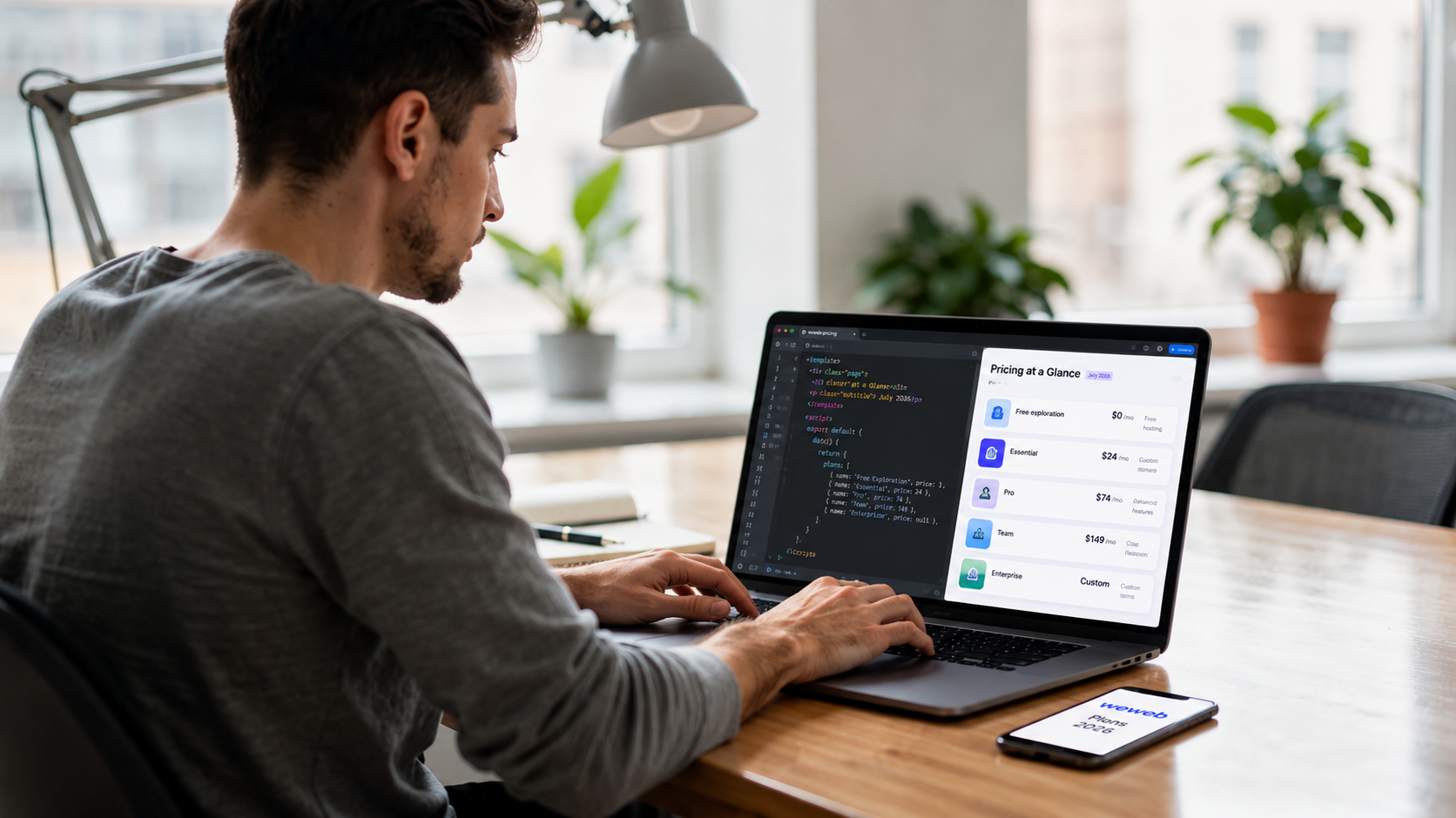 A solo developer is focused on their laptop in a modern workspace, with code and app mockups displayed on the screen, showcasing the use of no code tools and custom components for building web apps. The environment reflects a creative atmosphere conducive to coding and app development, emphasizing the developer's engagement with the weweb platform and its various project plans.