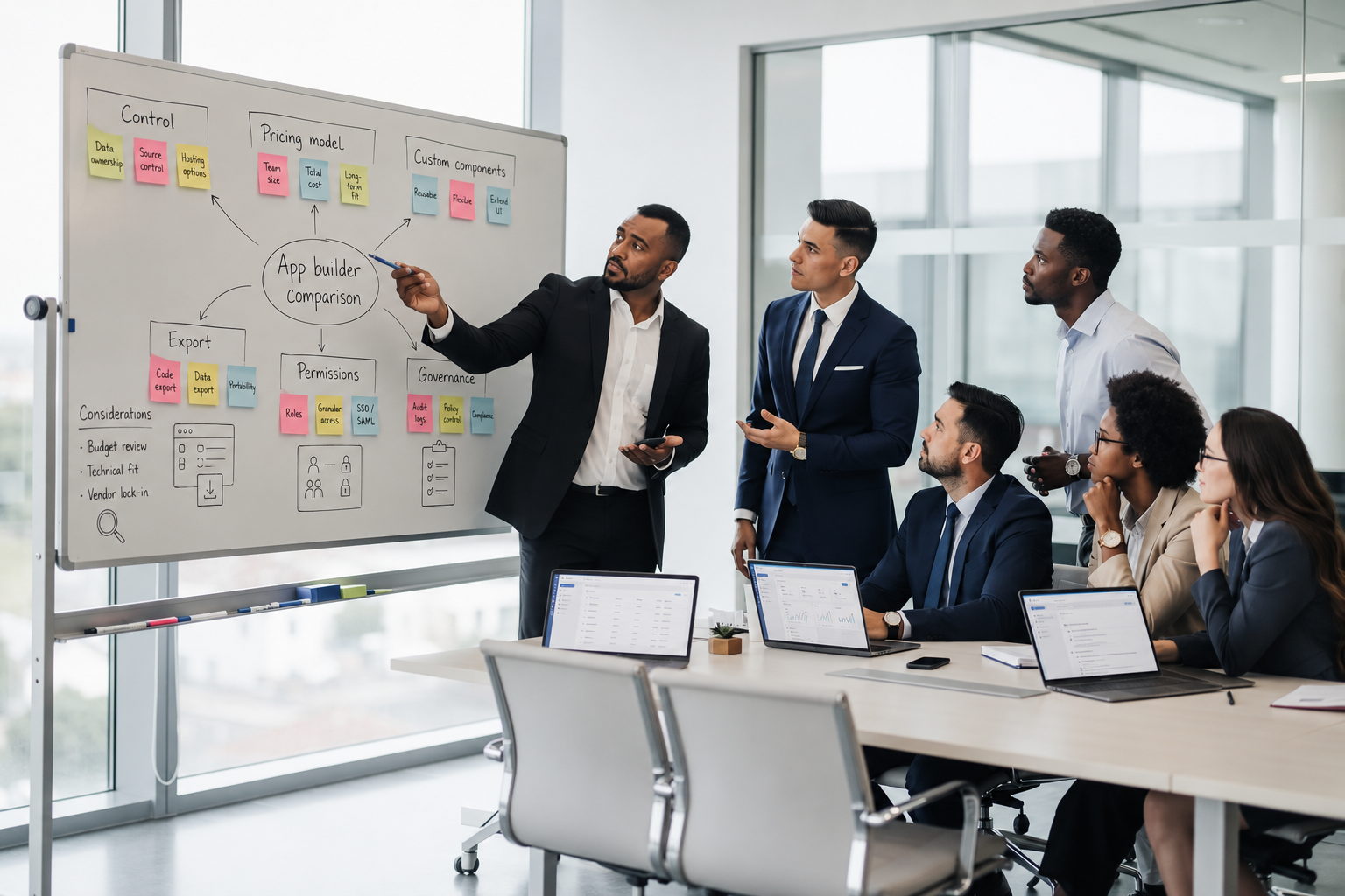 A diverse team of professionals is gathered around a whiteboard, actively comparing options using colorful sticky notes. They are discussing project plans and various features of web apps, likely exploring no code tools and custom components for their work.
