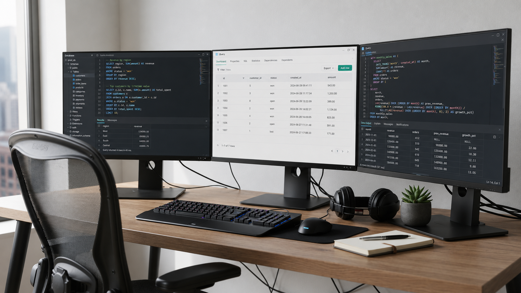 The image depicts a modern developer workspace featuring multiple monitors, with one screen displaying complex PostgreSQL database tables and another showing a powerful SQL editor with syntax highlighting. This setup illustrates advanced database management, allowing for efficient query optimization and database administration across various systems like Windows, macOS, and Linux.
