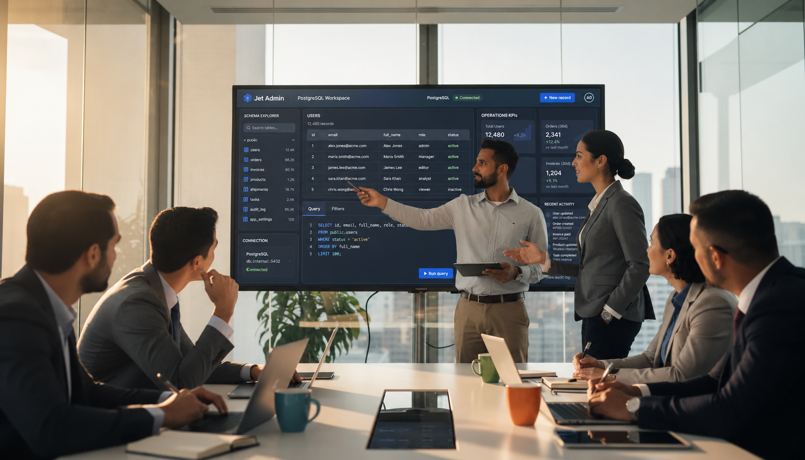 A diverse team of business operations professionals is collaborating around a large screen, which displays various data tables and charts related to a postgresql database. They are engaged in discussions, likely focusing on database management and query optimization using advanced features of a universal database tool.