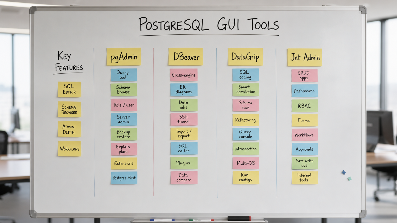 The image features a comparison chart displayed on a whiteboard, showcasing colorful sticky notes organized in columns that represent various software categories, likely including tools for database management such as PostgreSQL and SQL Server. This visual arrangement highlights the differences and functionalities of each software, which may include features like intuitive interfaces and advanced query tools.