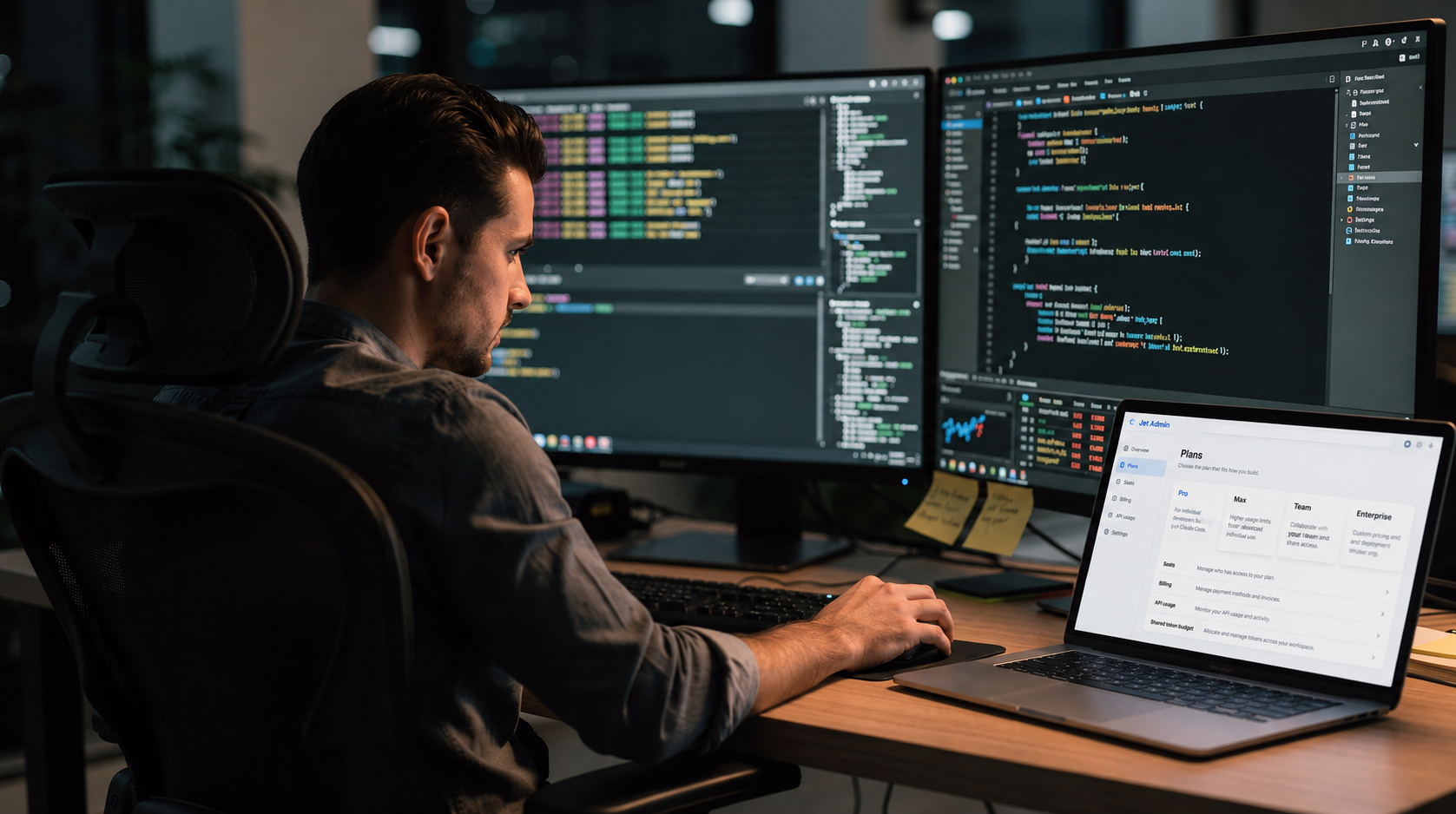 A developer is seated at a desk surrounded by multiple monitors displaying terminal code, while a laptop shows a pricing dashboard for various enterprise plans, including details on claude code usage and options for priority access. The setup reflects a typical claude code session, emphasizing the integration of tools and data visualization capabilities.