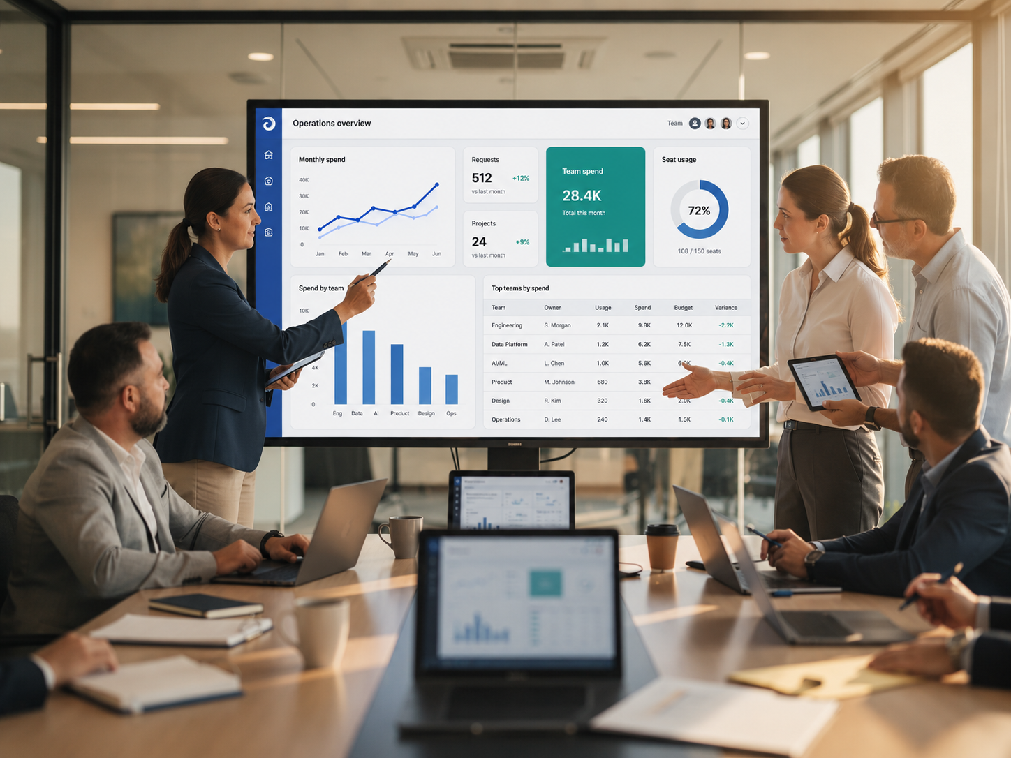 A diverse team of professionals is gathered around a large screen, actively collaborating on an internal business application dashboard that visualizes data and tracks performance metrics. The atmosphere is focused and dynamic, reflecting the importance of their discussions on enterprise plans and the utilization of various claude code features.