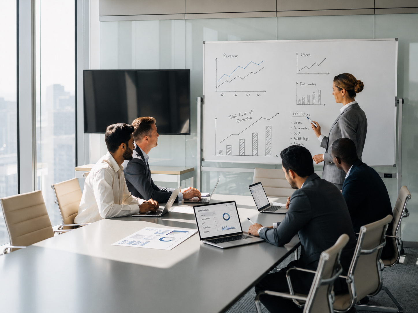 A diverse team is gathered in a bright conference room, actively reviewing financial projections displayed on a whiteboard. The atmosphere is collaborative, highlighting their focus on developing a solid business plan while utilizing tools like Glide for creating polished apps and managing data efficiently.