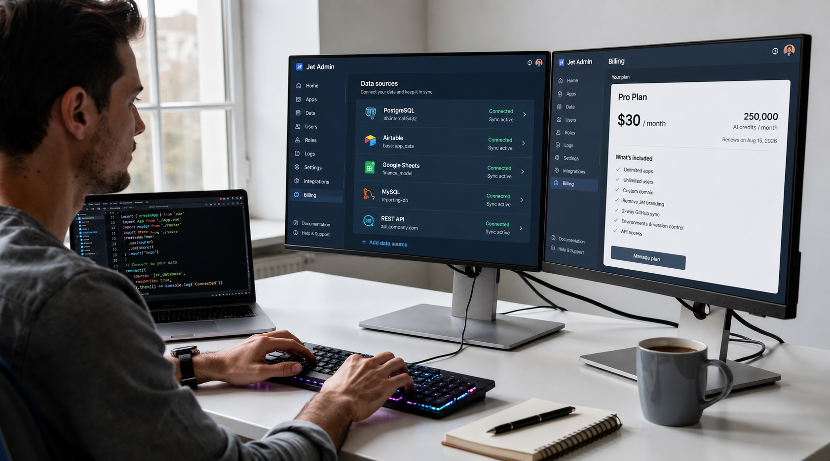 The image shows a developer focused on creating a web app, with multiple data source connections visible on the screen, showcasing the use of Glide's no code tools to integrate various external data sources for a polished application. The developer appears to be working on a business plan that may involve unlimited personal users and custom branding features.