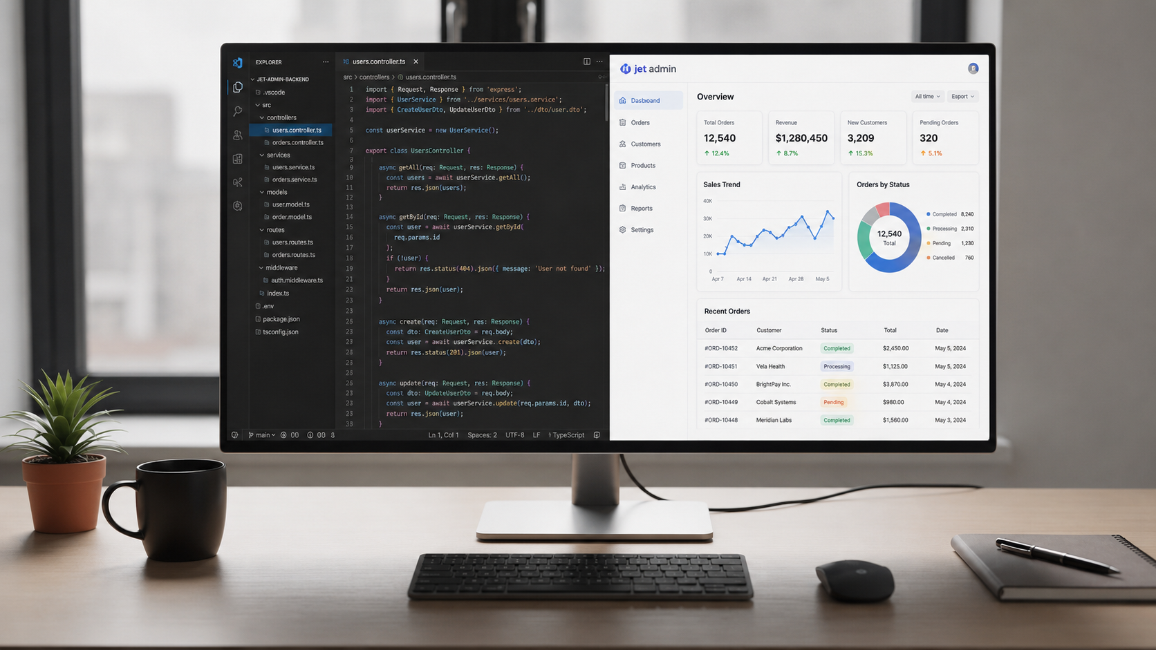 The image depicts a modern office workspace featuring a split screen, with Visual Studio Code displaying a code editor on one side and a dashboard application showing charts and data tables on the other. This setup highlights an advanced development environment that emphasizes ai-assisted coding and code generation for software development tasks.