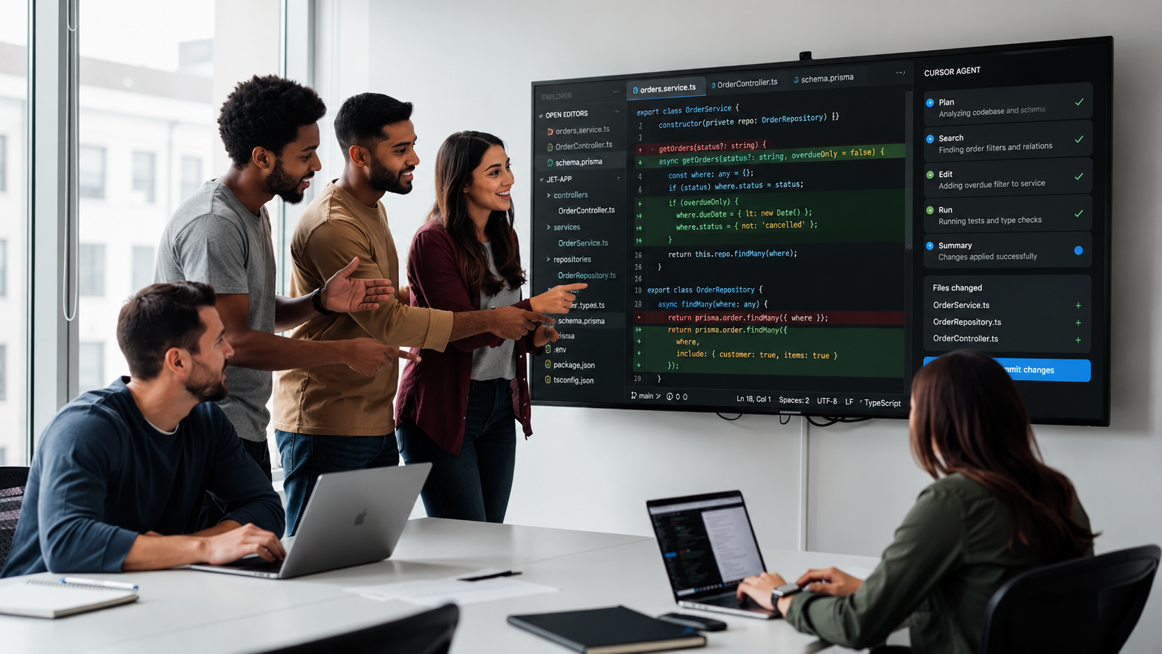 A team of developers collaborates around a large screen displaying code diffs, with green lines indicating additions and red lines showing deletions, highlighting their focus on software development and code quality. The scene captures a dynamic coding environment where they are likely discussing code suggestions and implementing changes to improve the entire codebase.