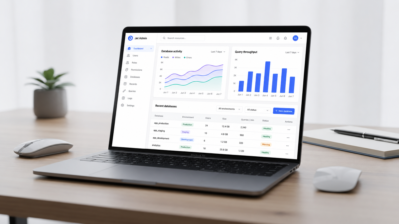The image depicts a laptop on a desk, showcasing a clean admin dashboard interface filled with charts and data tables, ideal for managing databases and displaying blob data. This free software tool provides users with an organized view for creating and editing complex queries and stored procedures.