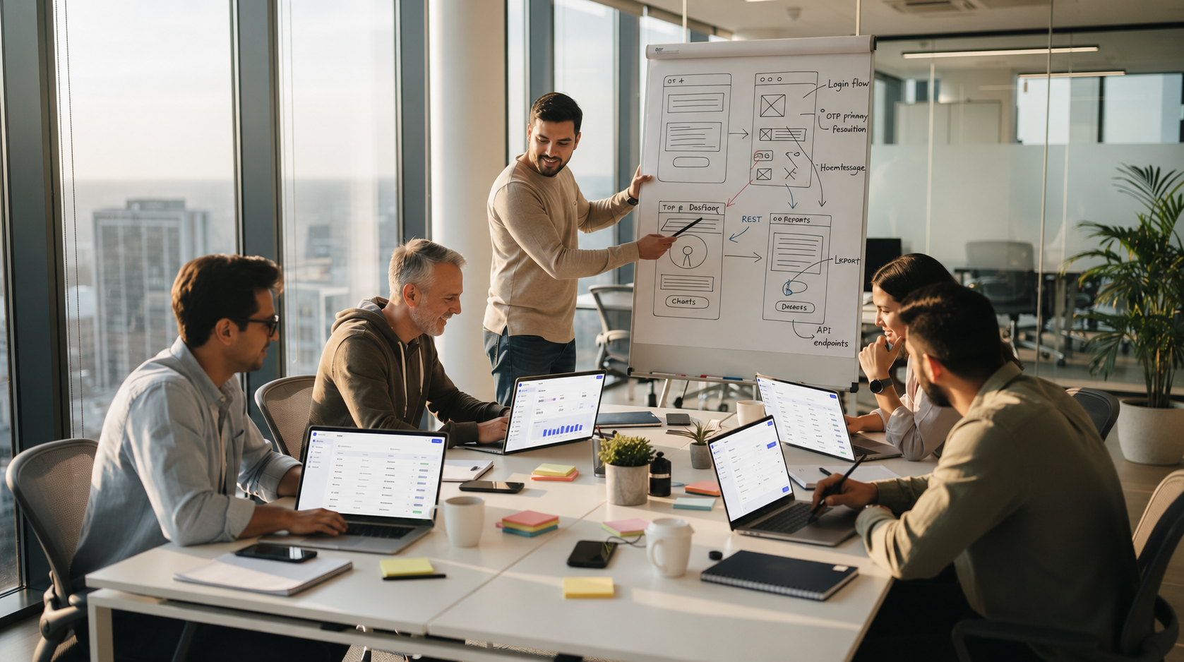 A diverse development team collaborates around a table in a modern office, with laptops open and whiteboards filled with notes and diagrams, focusing on managing databases and creating complex queries for their project. The atmosphere is dynamic, reflecting teamwork and innovation in software development.