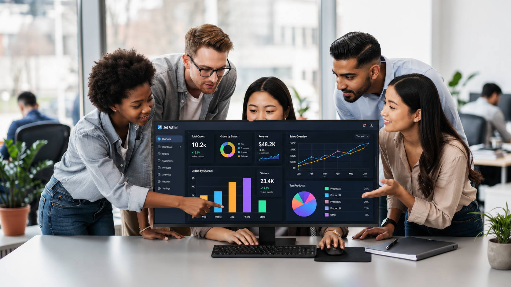 A diverse team of professionals is gathered around a large monitor, which displays a vibrant dashboard application showcasing various metrics and insights. This collaborative scene highlights the use of web apps and AI tools in developing functional apps for internal tools and customer-facing applications.