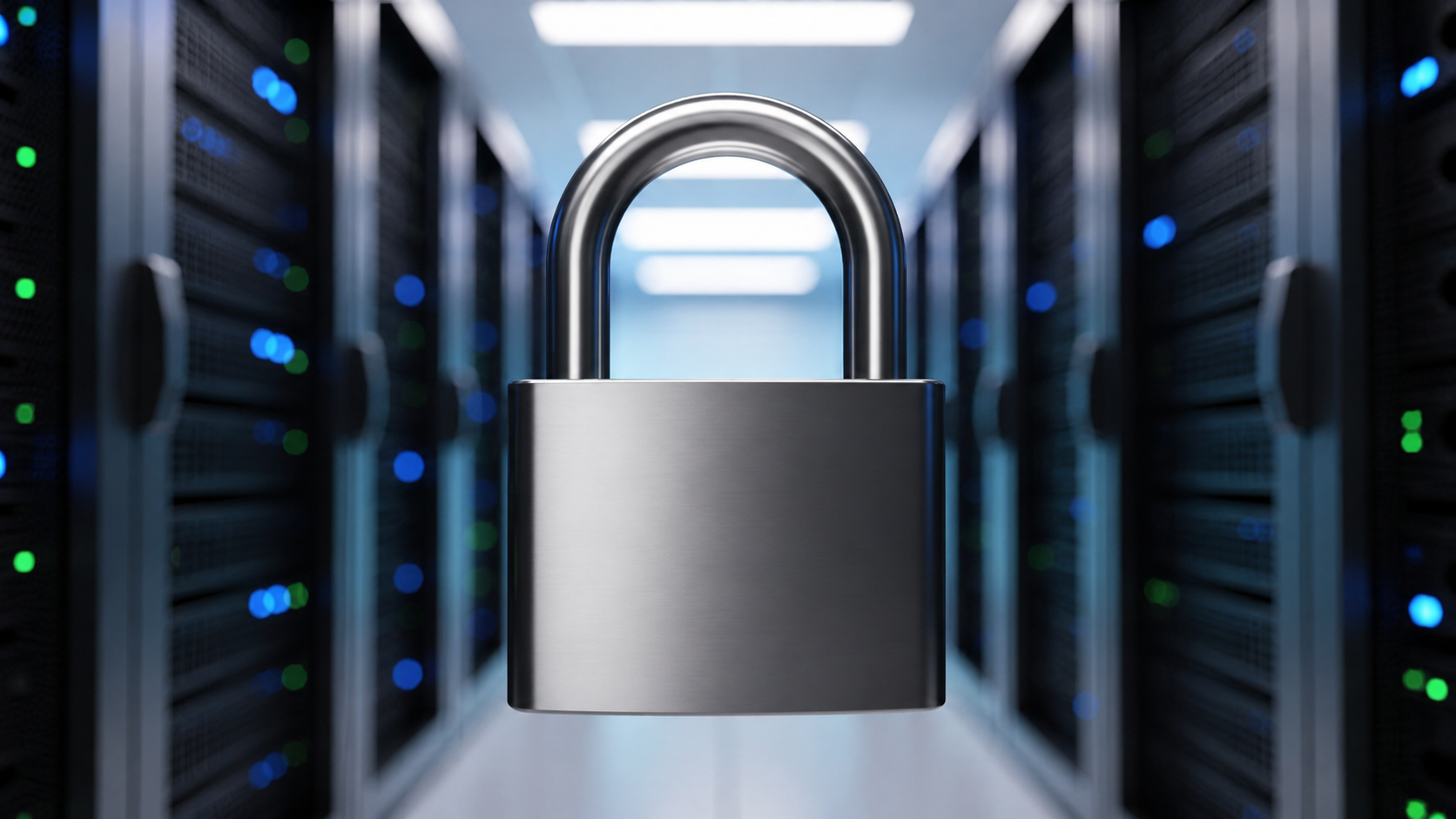 The image features a padlock icon prominently displayed over a blurred server rack within a modern data center, symbolizing security and protection for web apps and AI app builders. This visual representation emphasizes the importance of safeguarding data in the development of functional apps and internal tools.