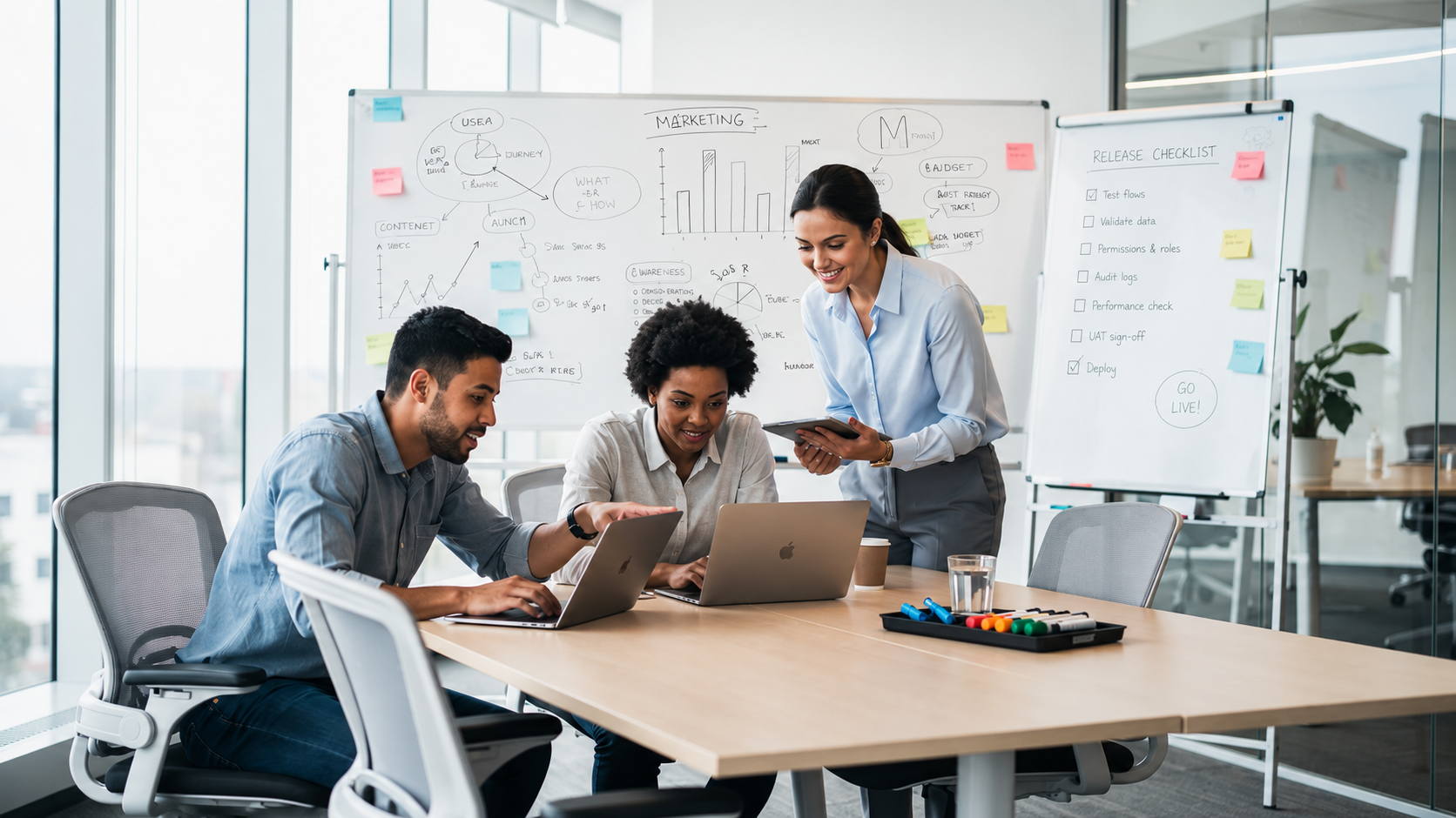 The image shows three professionals collaborating around laptops in a bright, modern office, with whiteboards in the background filled with notes and diagrams. They are engaged in a discussion about building apps, possibly utilizing AI tools and web applications to enhance their project development process.