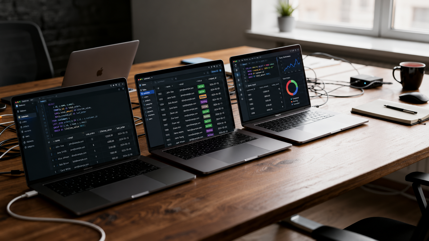 The image shows multiple laptop screens on a desk, each displaying vibrant database interfaces and SQL query results, showcasing tools like MySQL Workbench and data visualization features. This setup highlights the intuitive interface and key features for managing MySQL databases and executing SQL queries efficiently.