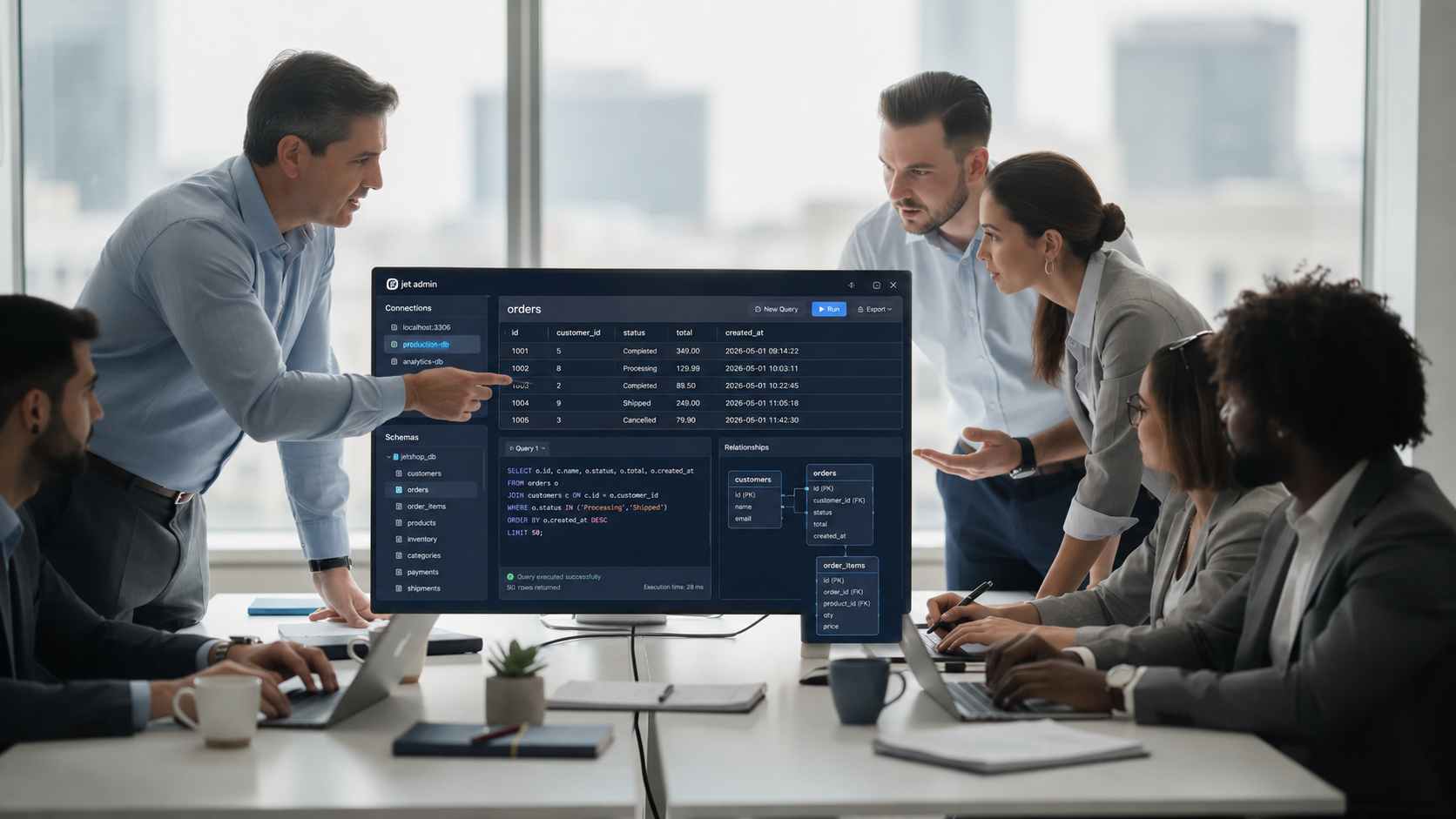 The image shows a diverse team of professionals collaborating around computer monitors displaying data dashboards, likely utilizing tools like MySQL Workbench and SQL Server for data visualization and management. The environment reflects a modern interface that supports intuitive collaboration among users working on multiple databases and SQL queries.