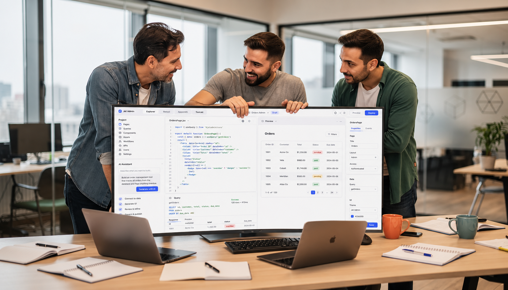The image depicts a software development team collaborating around a large monitor in a modern office, discussing the creation of custom internal tools and strategies for building internal apps. The team appears engaged and focused, utilizing a user-friendly interface to enhance their internal operations and automate repetitive tasks.