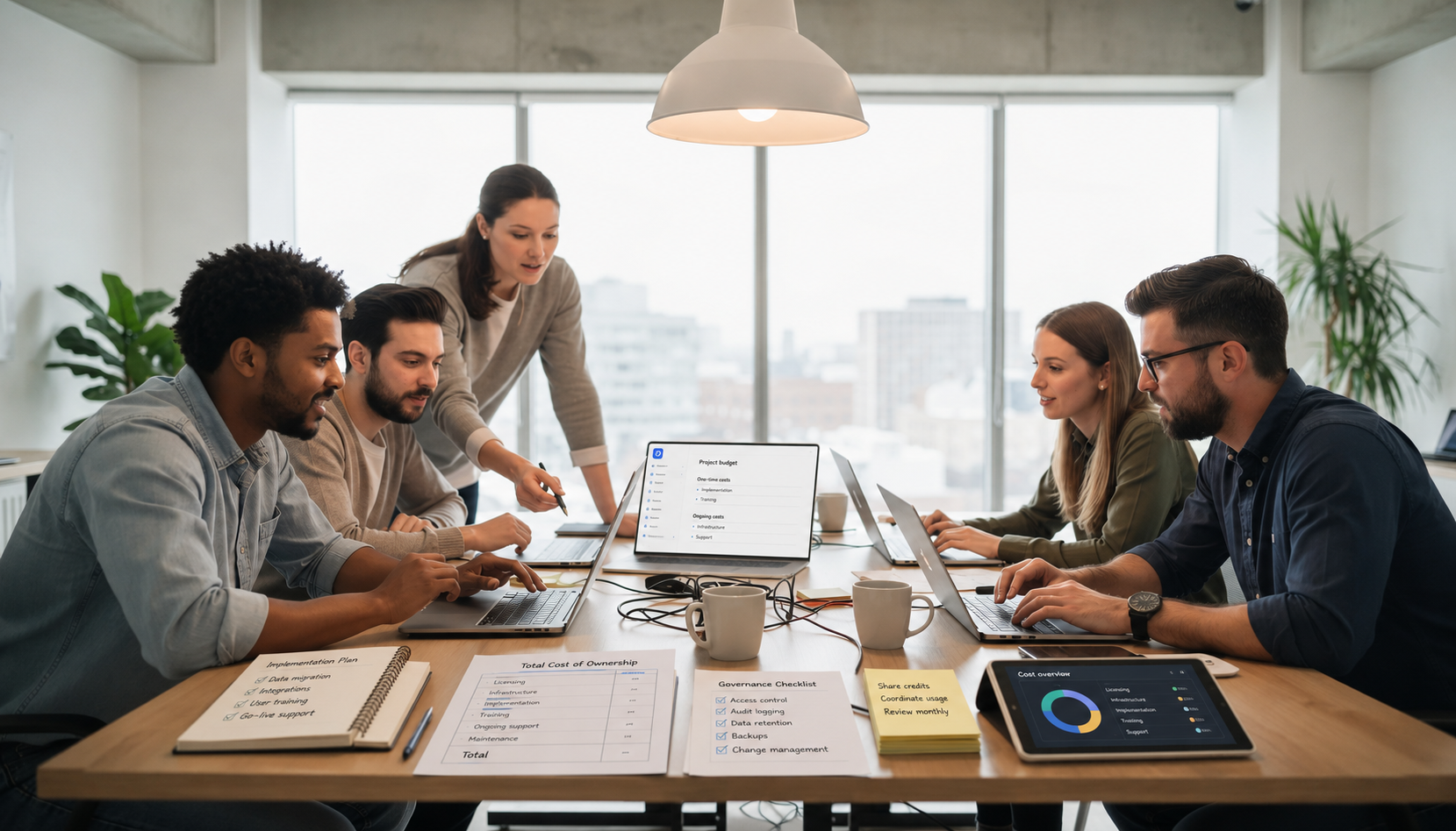The image depicts a diverse team of developers collaborating around laptops in a modern office space, engaged in discussions about their projects and coding. This dynamic environment highlights teamwork and innovation, essential for developing production-grade internal tools and utilizing AI features effectively.