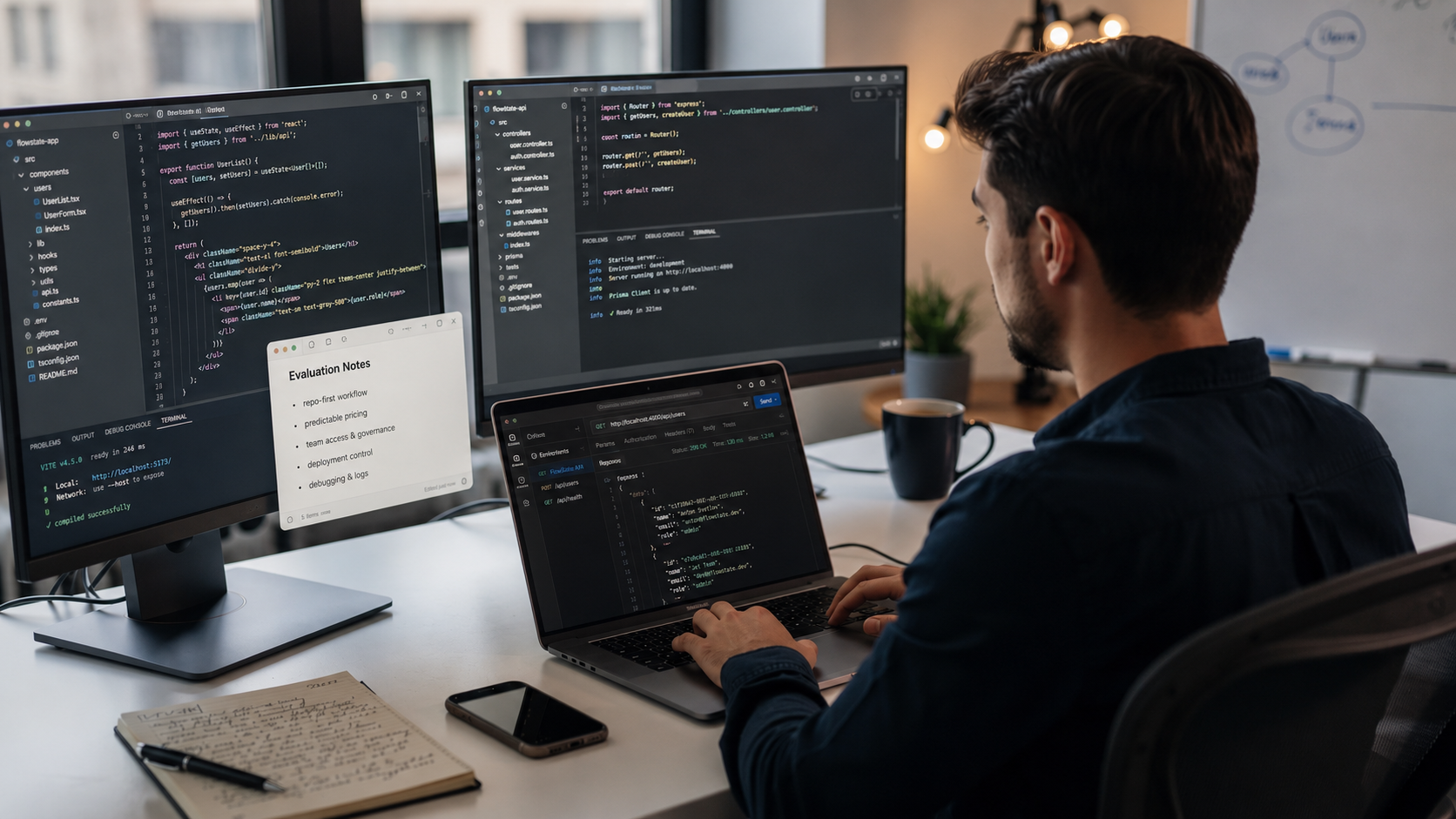 The image depicts a developer intensely focused on their laptop, which displays multiple browser tabs filled with code and development tools, suggesting they are engaged in writing code for full stack web apps. Surrounding them are visual elements indicative of a cloud development platform, highlighting features like team collaboration and debugging tools essential for modern coding workflows.