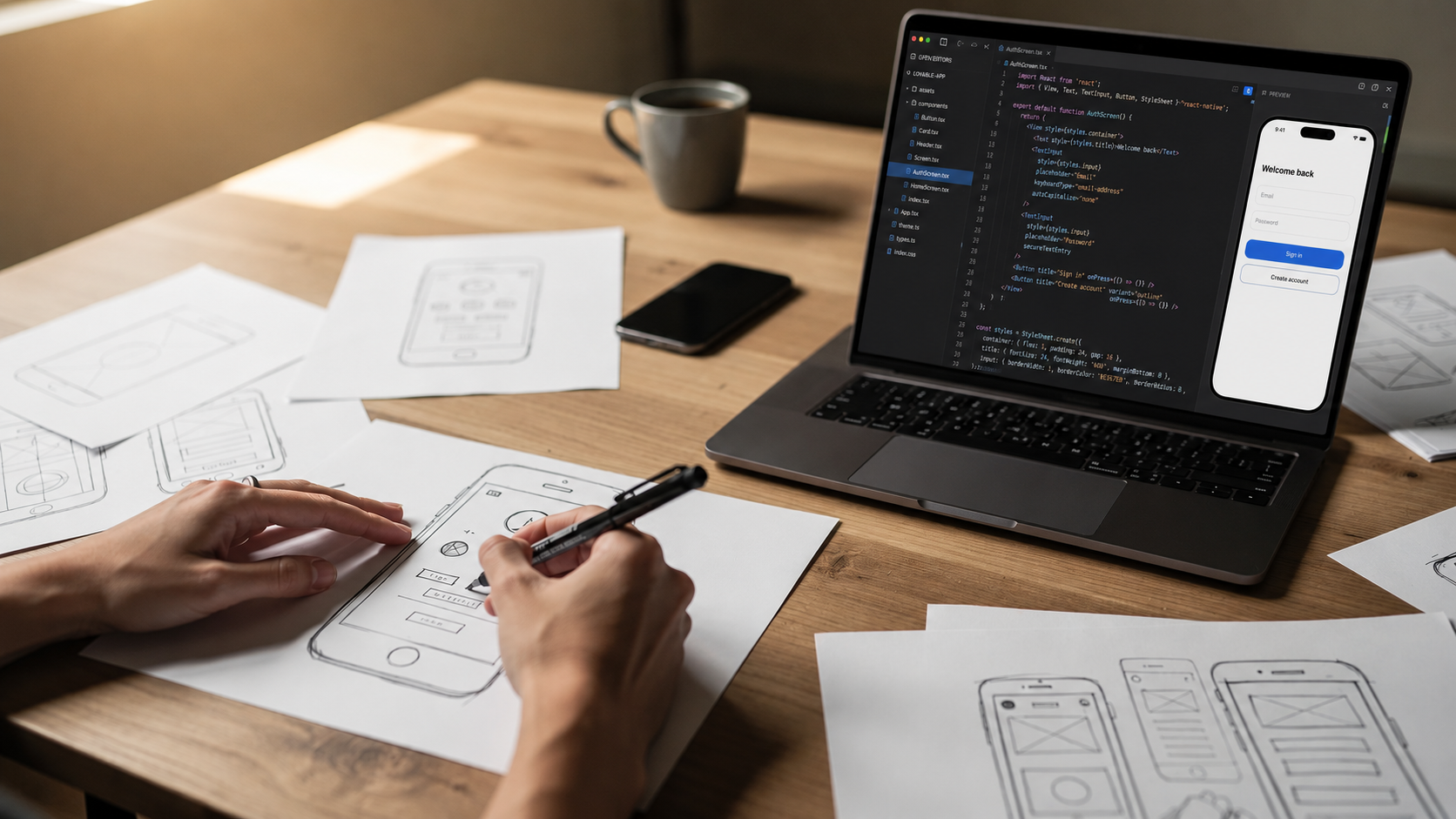 A person is sketching a mobile app wireframe on paper, with a laptop nearby displaying a code editor, illustrating a development workflow that could benefit from cloud development platforms and AI capabilities for building full stack web apps. The scene captures the essence of combining traditional sketching with modern coding practices, highlighting the importance of team collaboration and version control in app development.