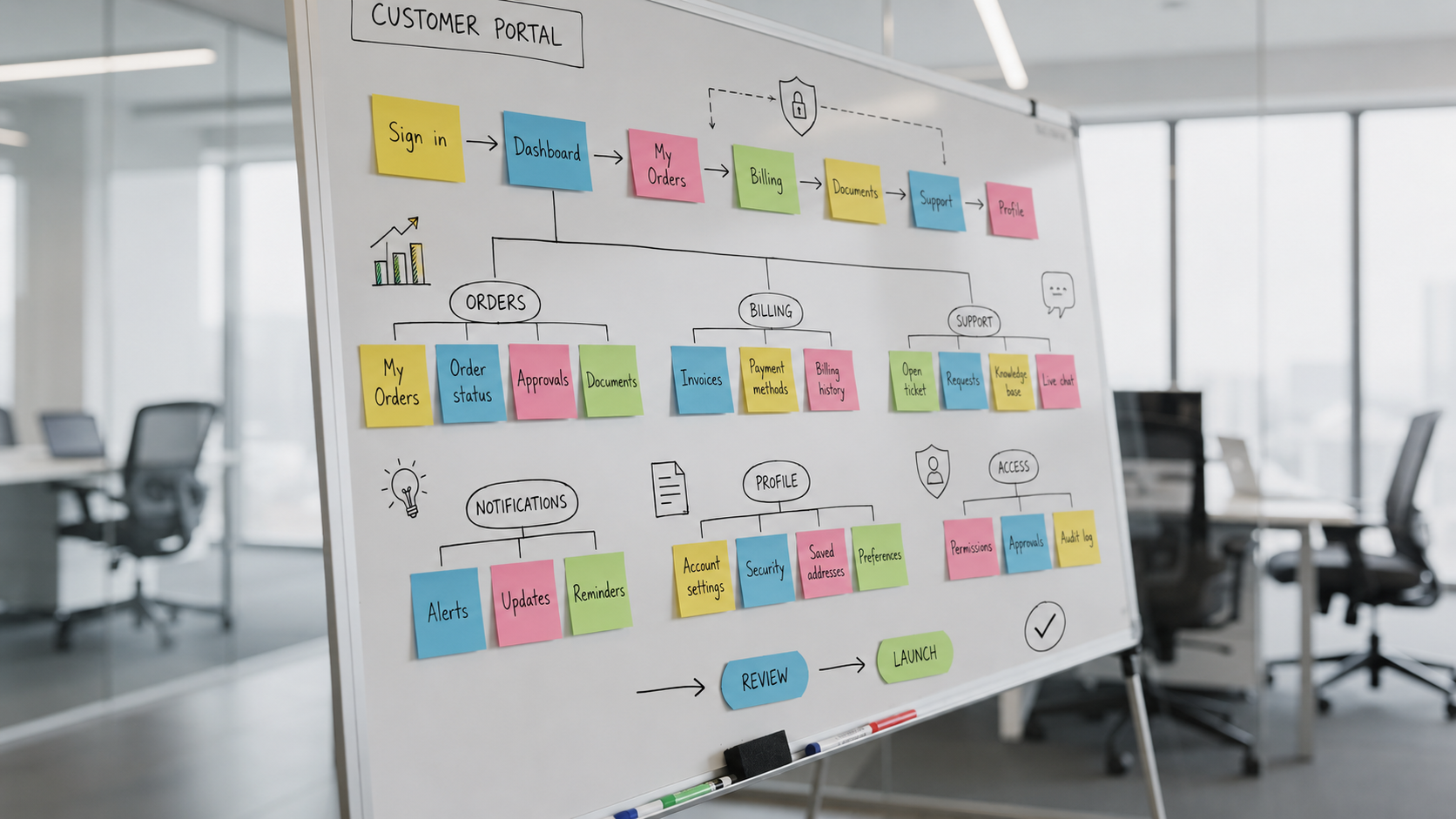 The image shows a modern office whiteboard filled with colorful sticky notes organized in a flow diagram, illustrating a project management process. This setup highlights the importance of client portal solutions and effective communication channels for enhancing customer satisfaction and engagement.