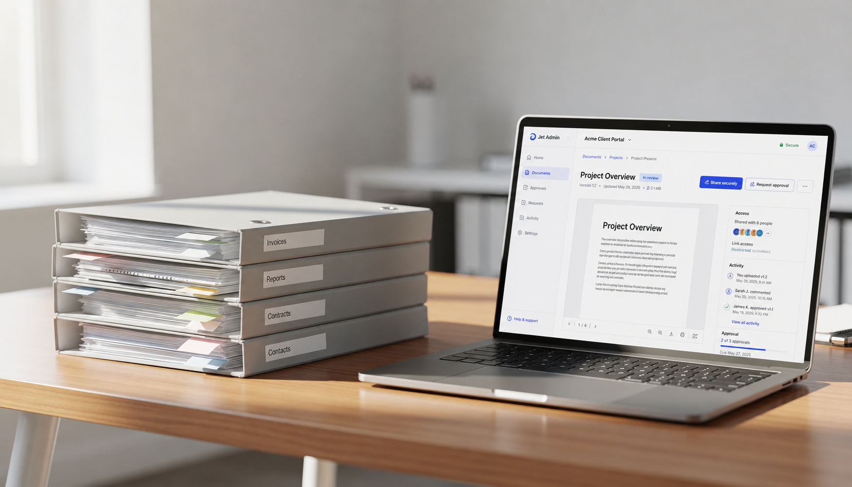 An organized stack of file folders sits on a clean desk beside a laptop displaying a document preview, illustrating an efficient workspace ideal for project management and client communication. This setup highlights the importance of a user-friendly client portal system for secure file sharing and managing tasks effectively.
