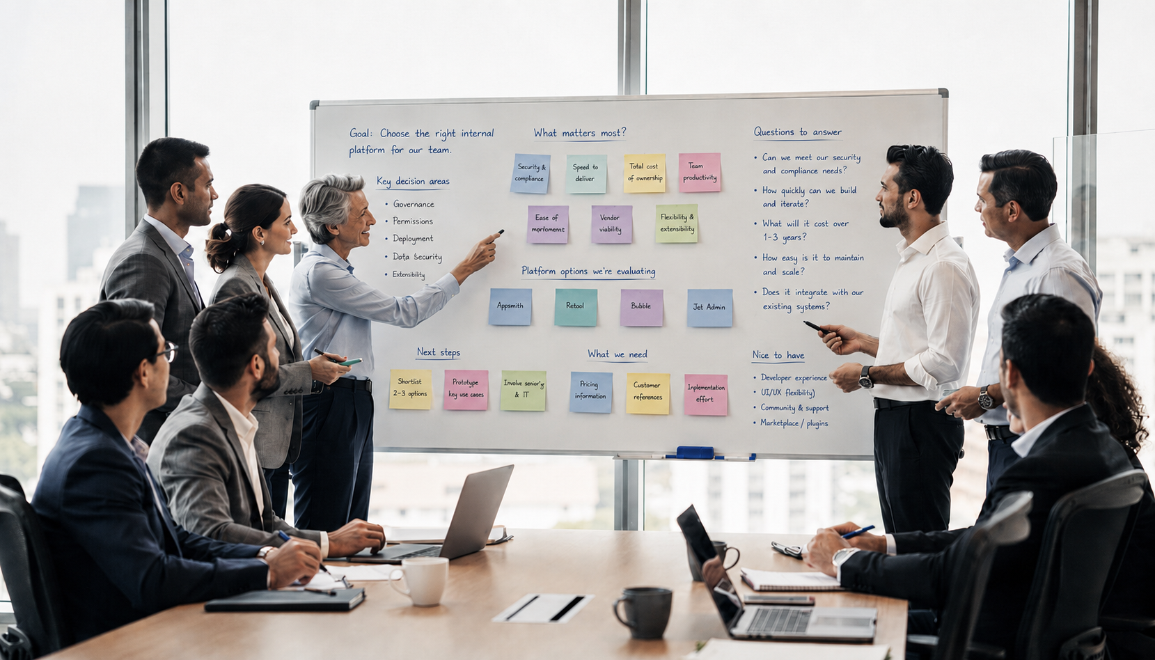 A diverse team of professionals is gathered around a large whiteboard, engaging in a collaborative discussion while comparing various technology options using colorful sticky notes. The scene illustrates the importance of internal tools and advanced features in developing custom applications and workflows.