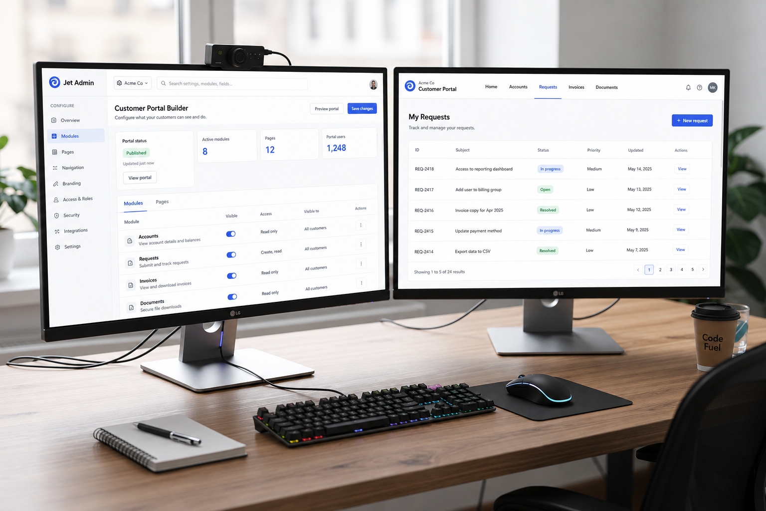 The image depicts a modern developer workspace featuring dual monitors, one displaying a dashboard builder interface and the other showcasing a data connections panel. This setup is ideal for managing projects and collaborating effectively, making it a perfect environment for utilizing client portal software and enhancing customer satisfaction.