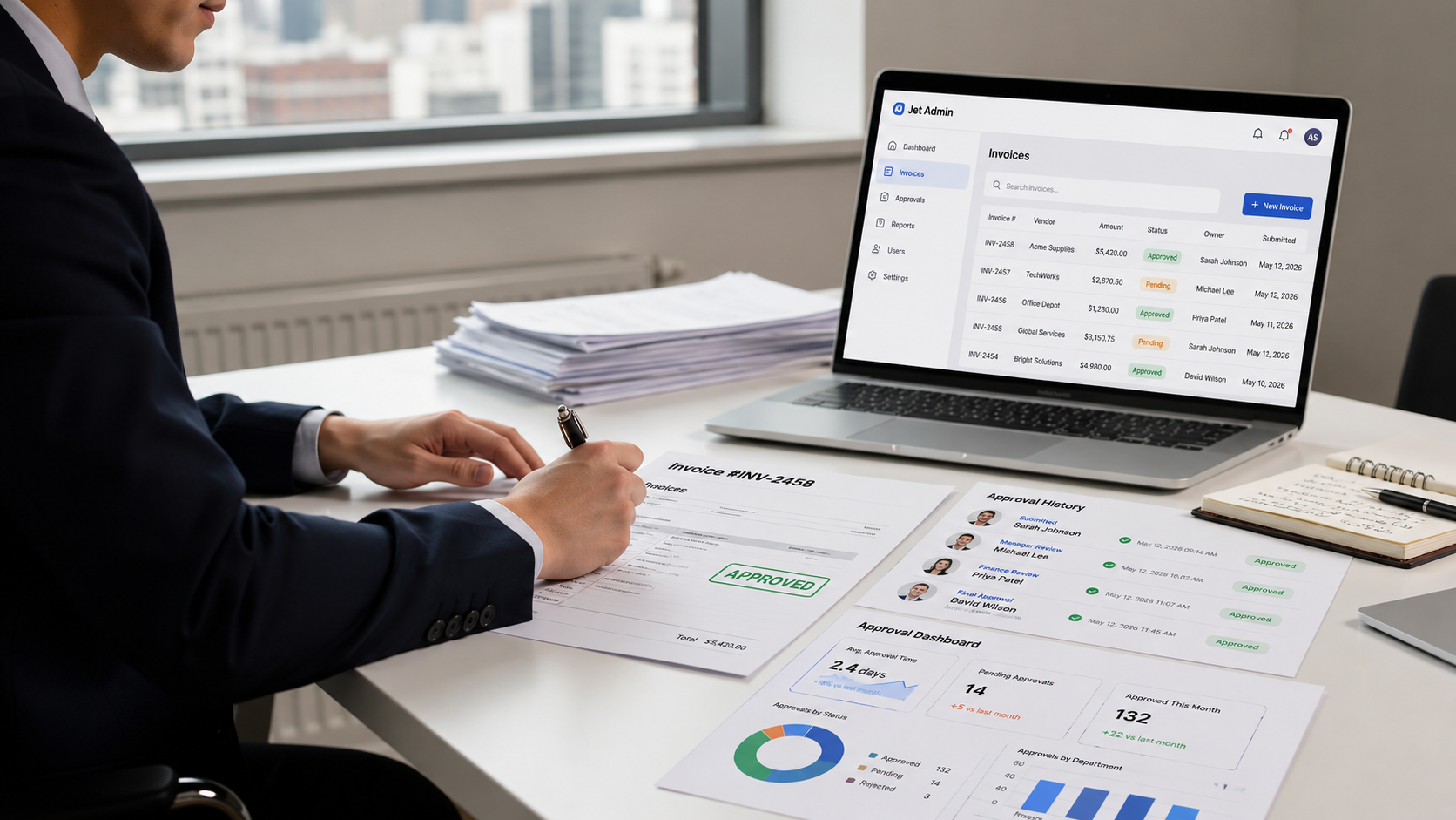 A professional is seated at a desk, diligently reviewing financial documents alongside a laptop and neatly organized paperwork, highlighting the importance of efficient document approval workflows in business processes. The scene emphasizes the need for effective approval management systems to streamline financial reviews and enhance productivity.