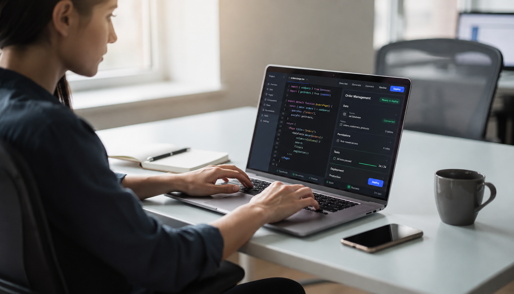 A person is seated at a desk, focused on a laptop displaying code and a dashboard interface, indicative of software development and coding tools in action. The scene represents the coding process, highlighting the use of AI-generated code and vibe coding tools for efficient app creation and complex development tasks.