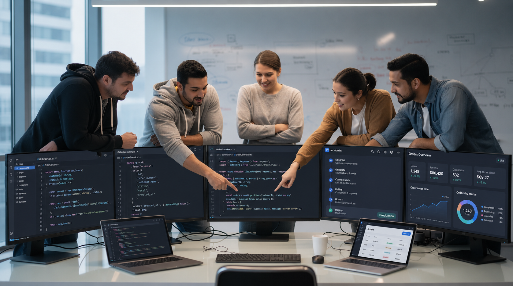 A diverse team of individuals collaborates around multiple screens displaying code editors and application dashboards, utilizing vibe coding tools and AI-assisted coding processes to tackle complex development tasks. They engage in discussions about code structure and implementation details, working together to build effective software solutions.