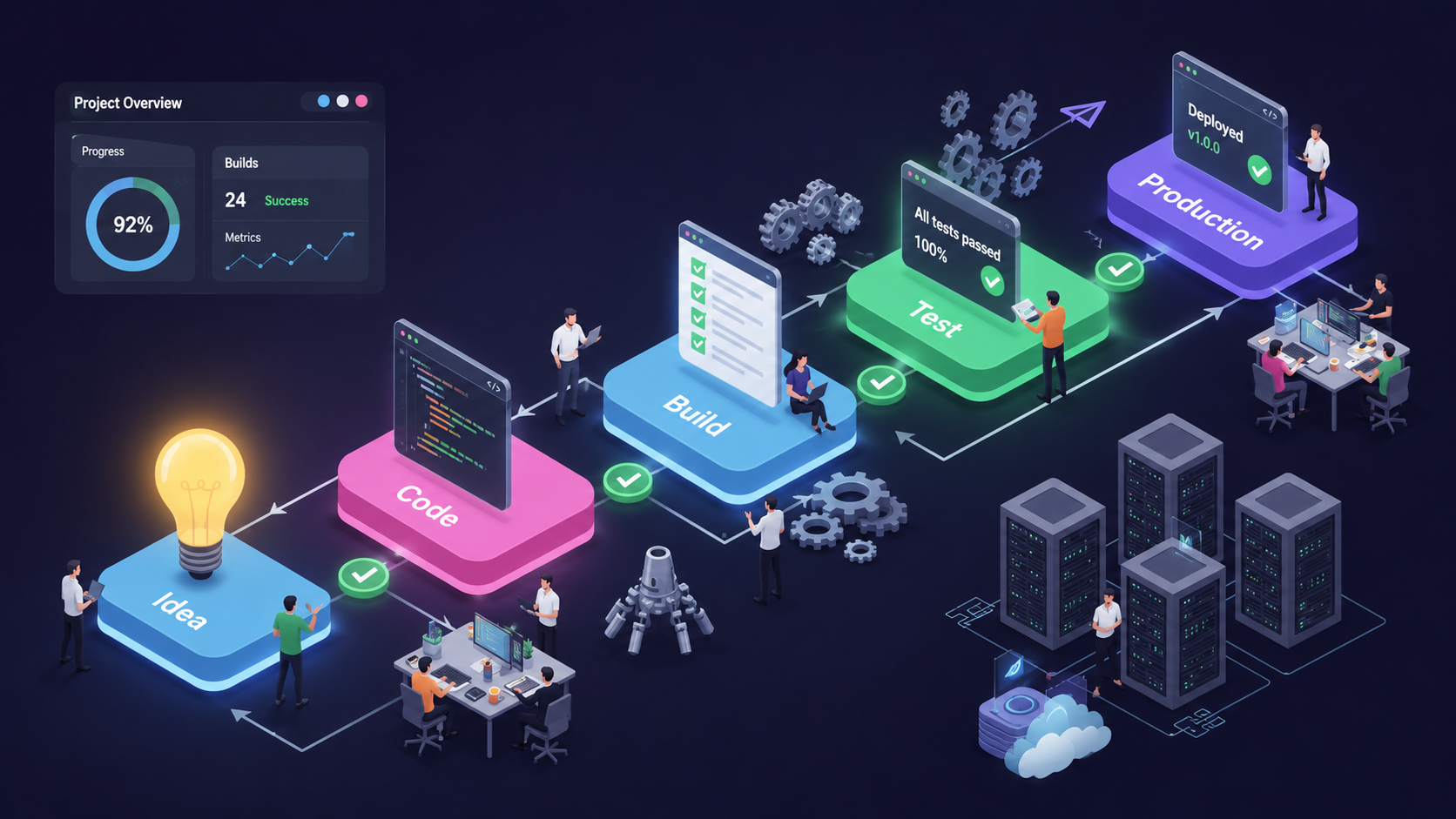 The image depicts a software deployment pipeline illustrating various stages from idea conception to production, featuring multiple checkpoints that represent the coding process, code generation, and app development. This visual emphasizes the integration of AI tools and vibe coding techniques, showcasing how they facilitate effective software development and enhance code quality.