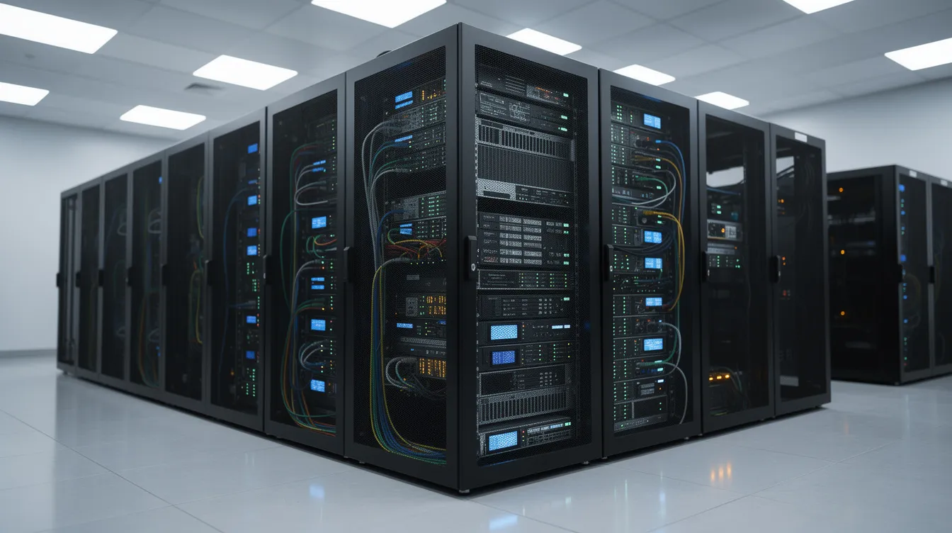 The image depicts a modern server rack housed in a clean data center, featuring glowing LED indicators that signify a self-hosted deployment infrastructure. This setup is essential for managing complex projects and supports various project management features, ensuring efficient team collaboration and resource management.