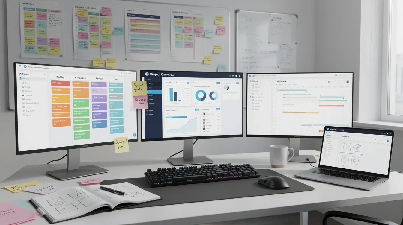 The image depicts a modern workspace featuring multiple monitors, each displaying various application interfaces and planning boards related to software development. This setup highlights the use of vibe coding tools and AI-generated code, showcasing a dynamic environment for coding and app creation.