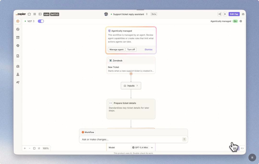 Zapier: Support-ticket automation shown in the Zapier workflow editor.