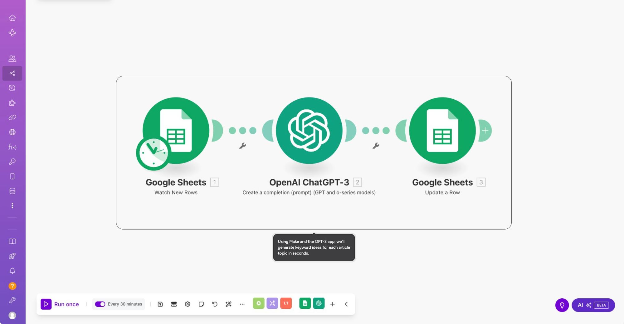 Make: Official demo: a visual scenario connecting Google Sheets and OpenAI.