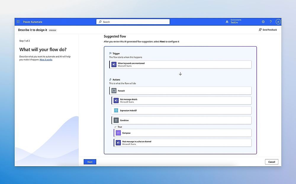 Microsoft Power Automate — Official product preview of a suggested flow with Microsoft Teams actions.