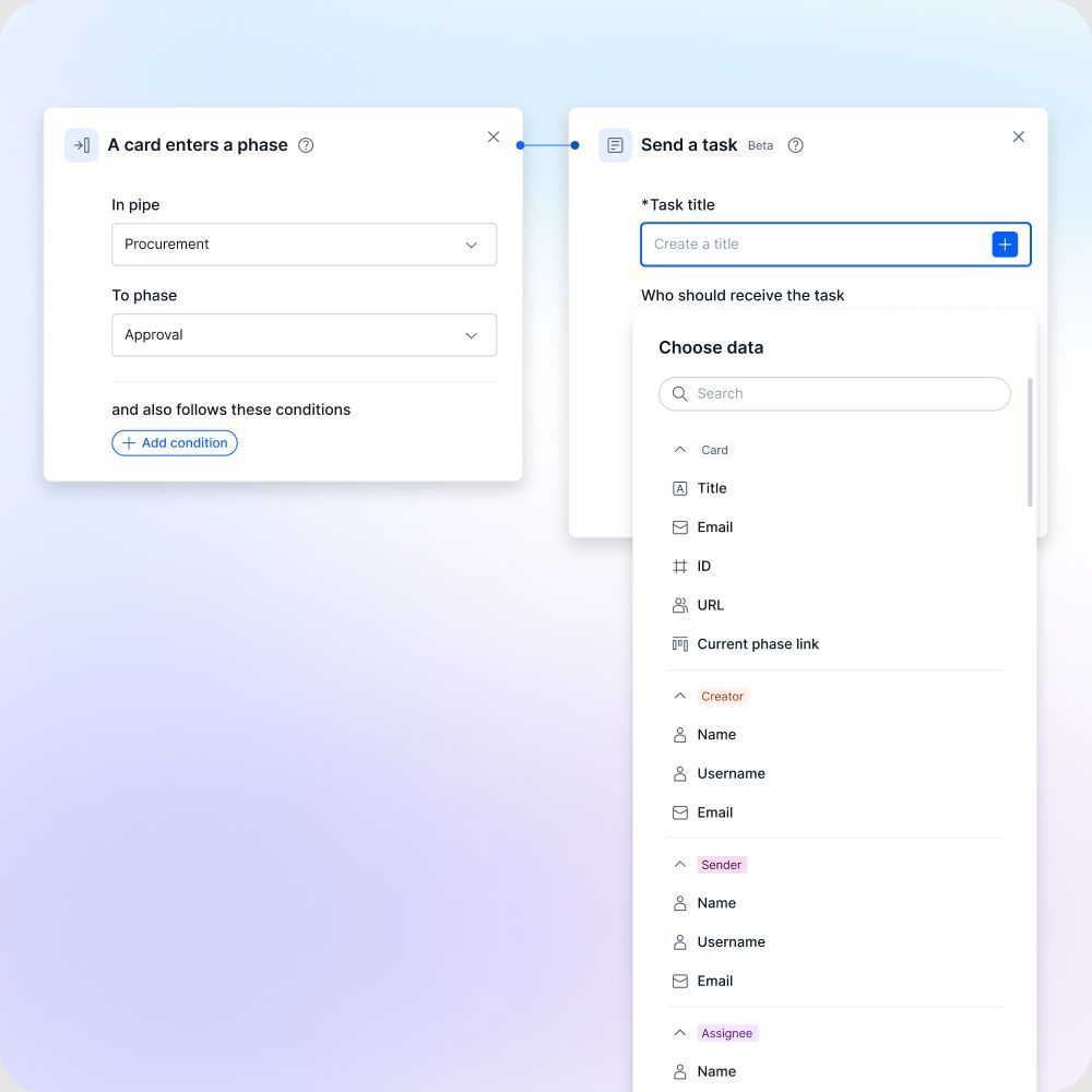 Pipefy — Official automation preview: a procurement card entering approval triggers a task.