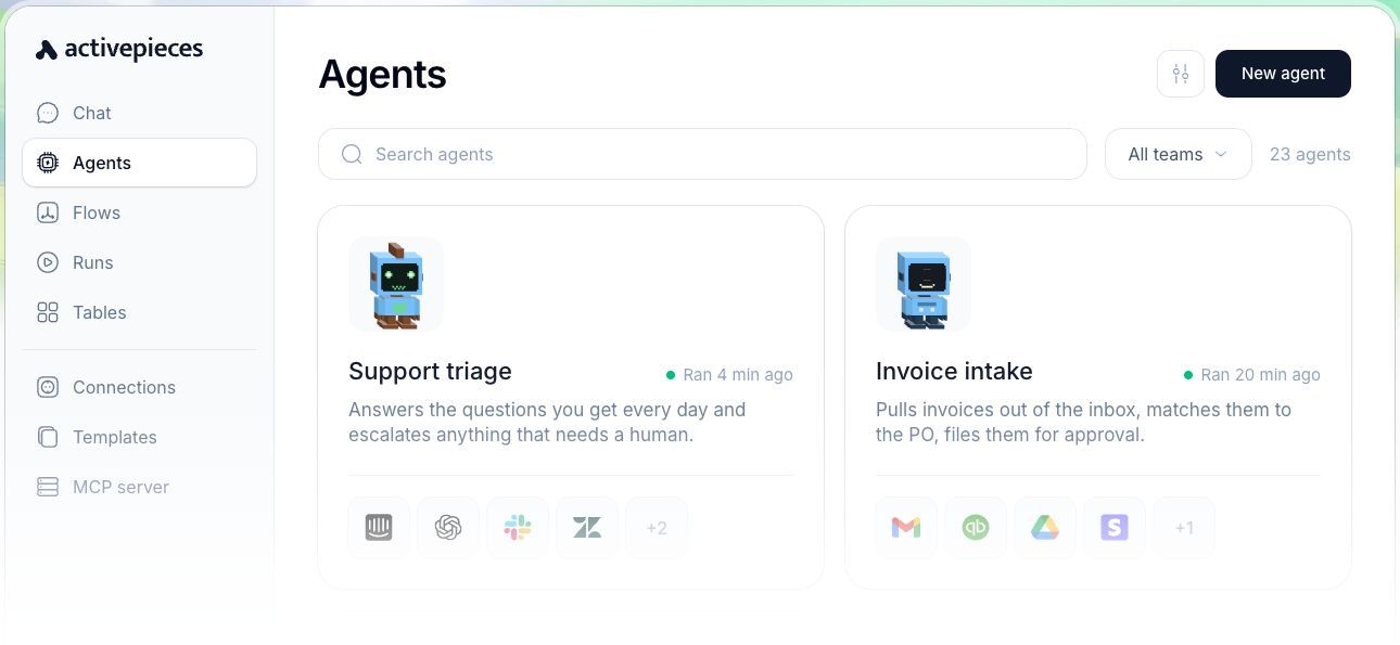 Activepieces: Official workspace preview with support-triage and invoice-intake agents.