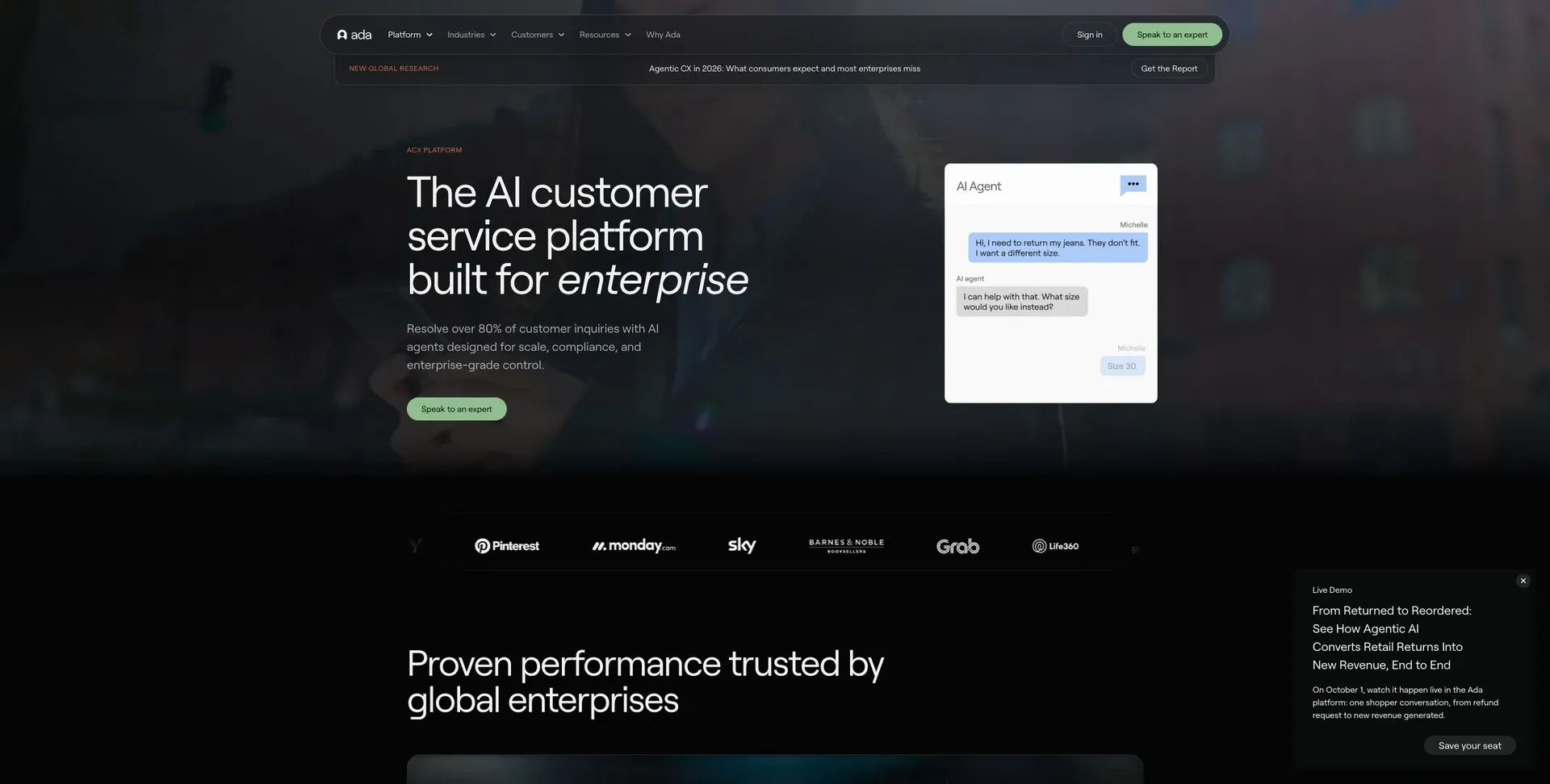 Ada — Screenshot of the official product website.