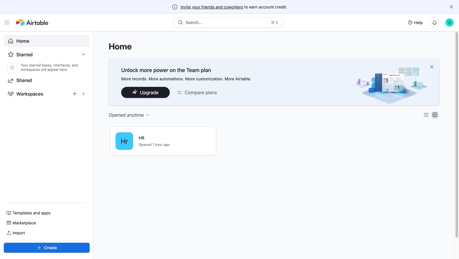 Airtable home screen showing a workspace with one base and a banner prompting an upgrade to the Team plan