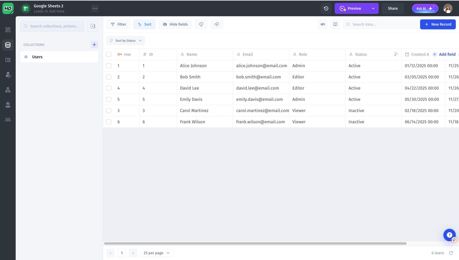 Jet Admin data viewer showing records from a connected database with filters applied
