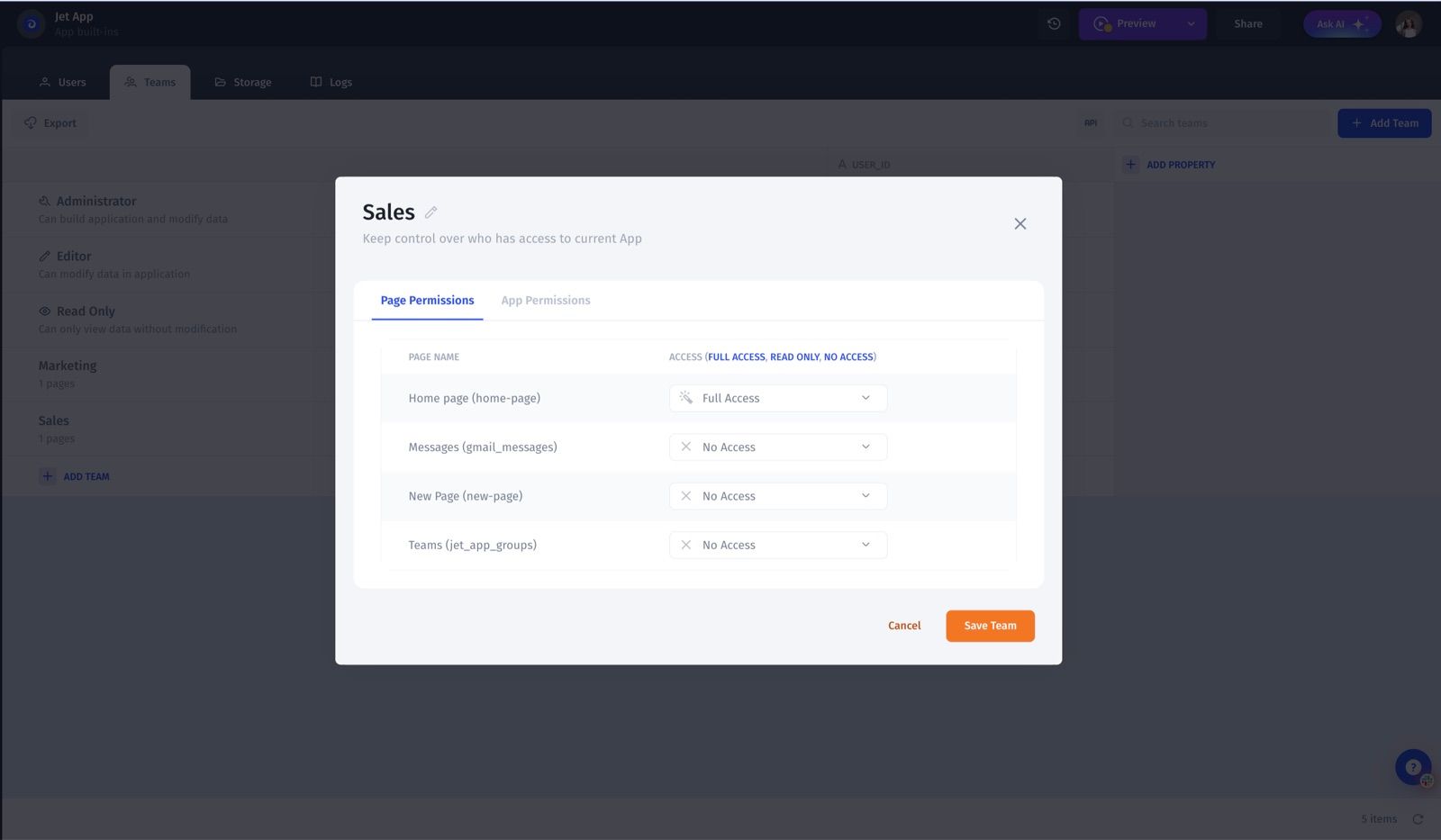 Jet Admin permissions screen showing role and team based access rules