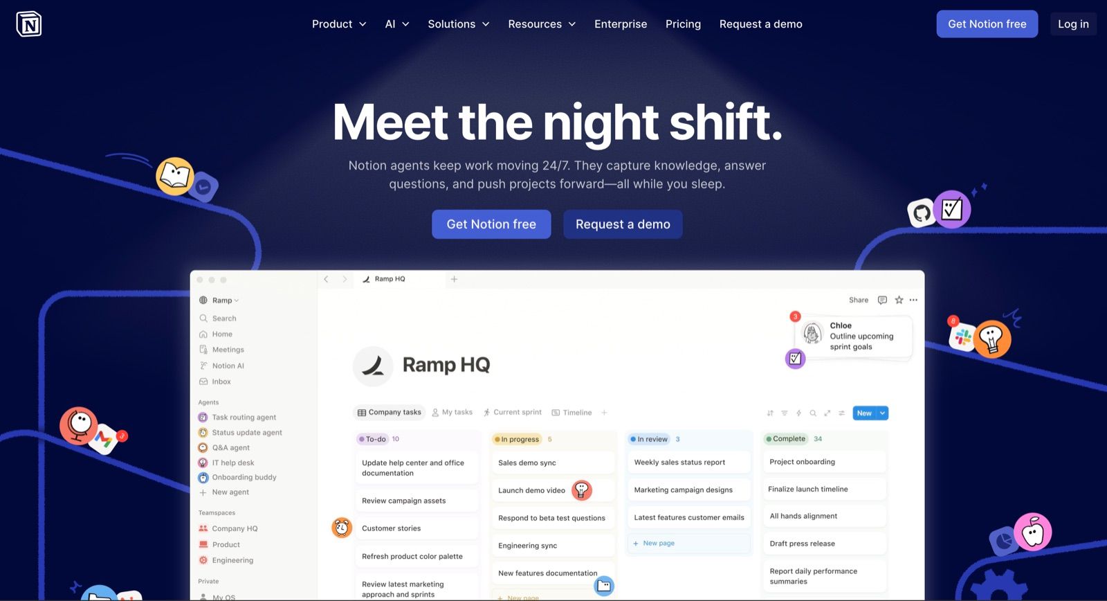 Notion homepage showing a project workspace with linked databases and board views