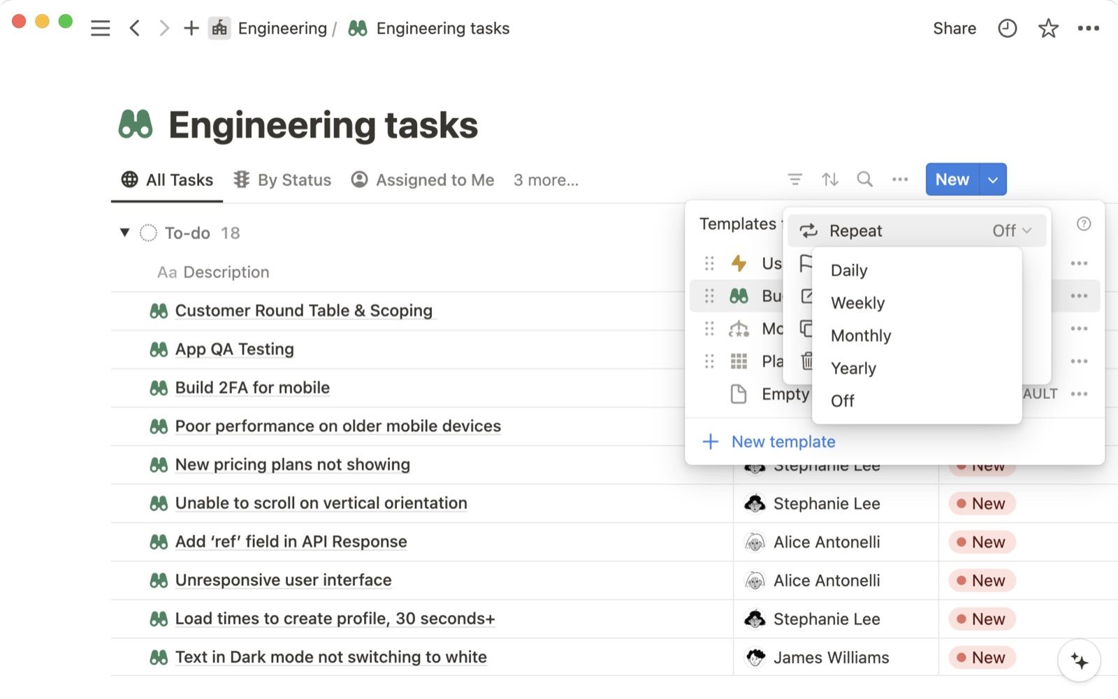 Notion template gallery showing pre-built database templates