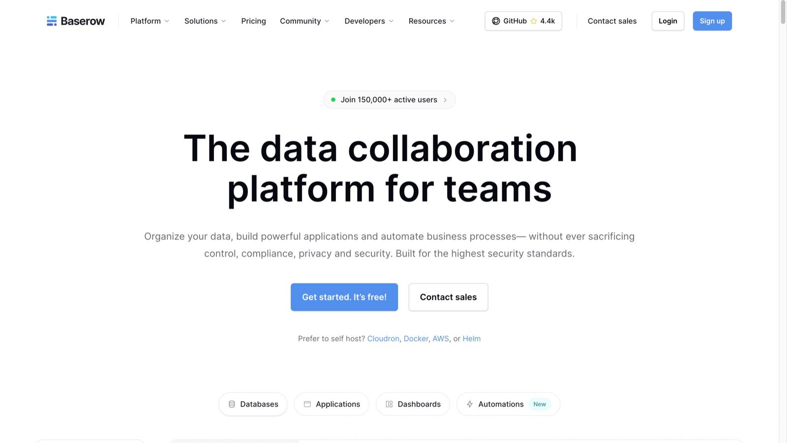 Baserow homepage headlined “The data collaboration platform for teams”, showing 150,000+ active users and self-hosting options
