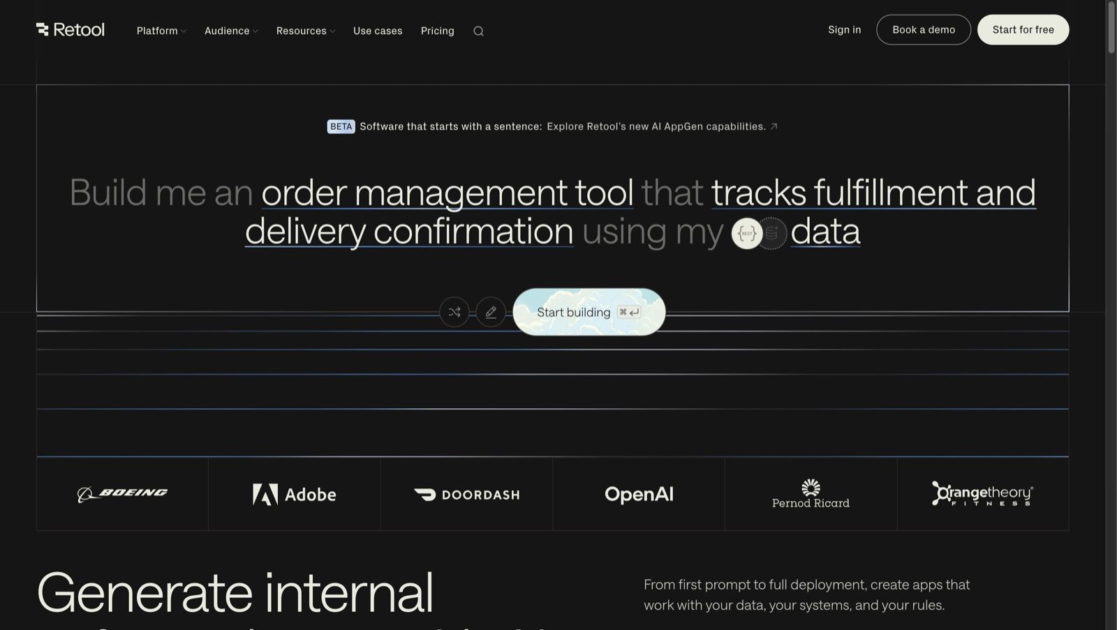 Retool homepage showing a prompt to build an order management tool, with customer logos including Boeing, Adobe, DoorDash and OpenAI