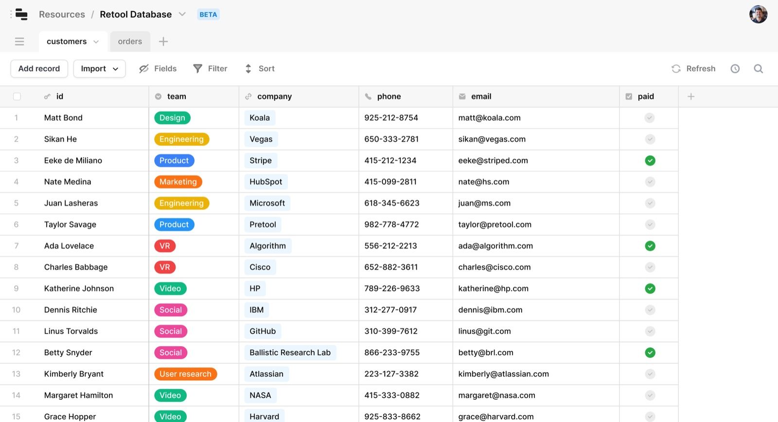 Retool app builder showing a dashboard assembled from components bound to a data source